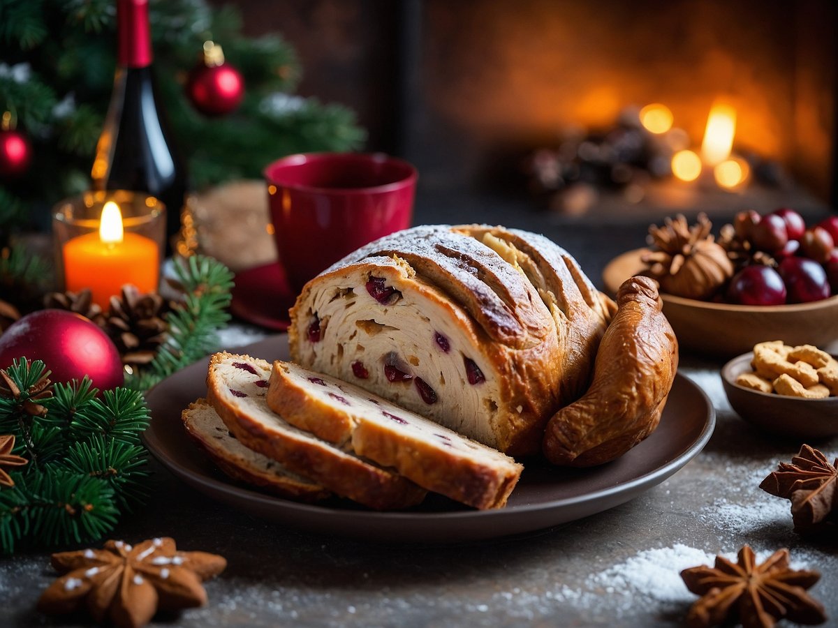 Auf dem Bild ist ein festlich gedeckter Tisch mit einem frischen Stollen zu sehen, der in Scheiben geschnitten ist. Daneben liegen eine gebrannte Makrele und eine kleine Schale mit Plätzchen. Im Hintergrund befindet sich ein rotes Weinglas und eine brennende Kerze, umgeben von Tannenzweigen und Weihnachtsbaumkugeln. Die Atmosphäre wird durch einen warmen, weihnachtlichen Lichtschein unterstrichen. Typische Lebensmittel zu Weihnachten, die hier dargestellt sind, sind der Stollen, Plätzchen, gebratene Wurst, Wein und Weihnachtsgewürze.