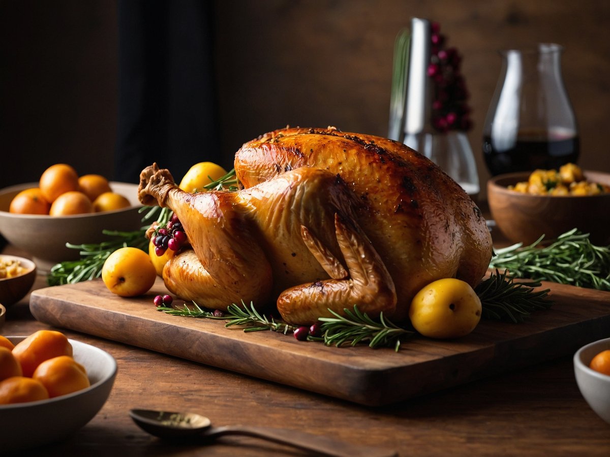 Der festliche Truthahn ist auf einem Holzbrett angerichtet und glänzt golden. Um den Truthahn sind frische Rosmarinzweige, gelbe Früchte und rote Beeren drapiert. Im Hintergrund sind mehrere Schalen mit verschiedenen Beilagen und frischen Früchten zu sehen. Dekorative Gläser mit dunklen Flüssigkeiten vervollständigen das ansprechende Arrangement auf dem Tisch, das eine festliche Stimmung erzeugt.