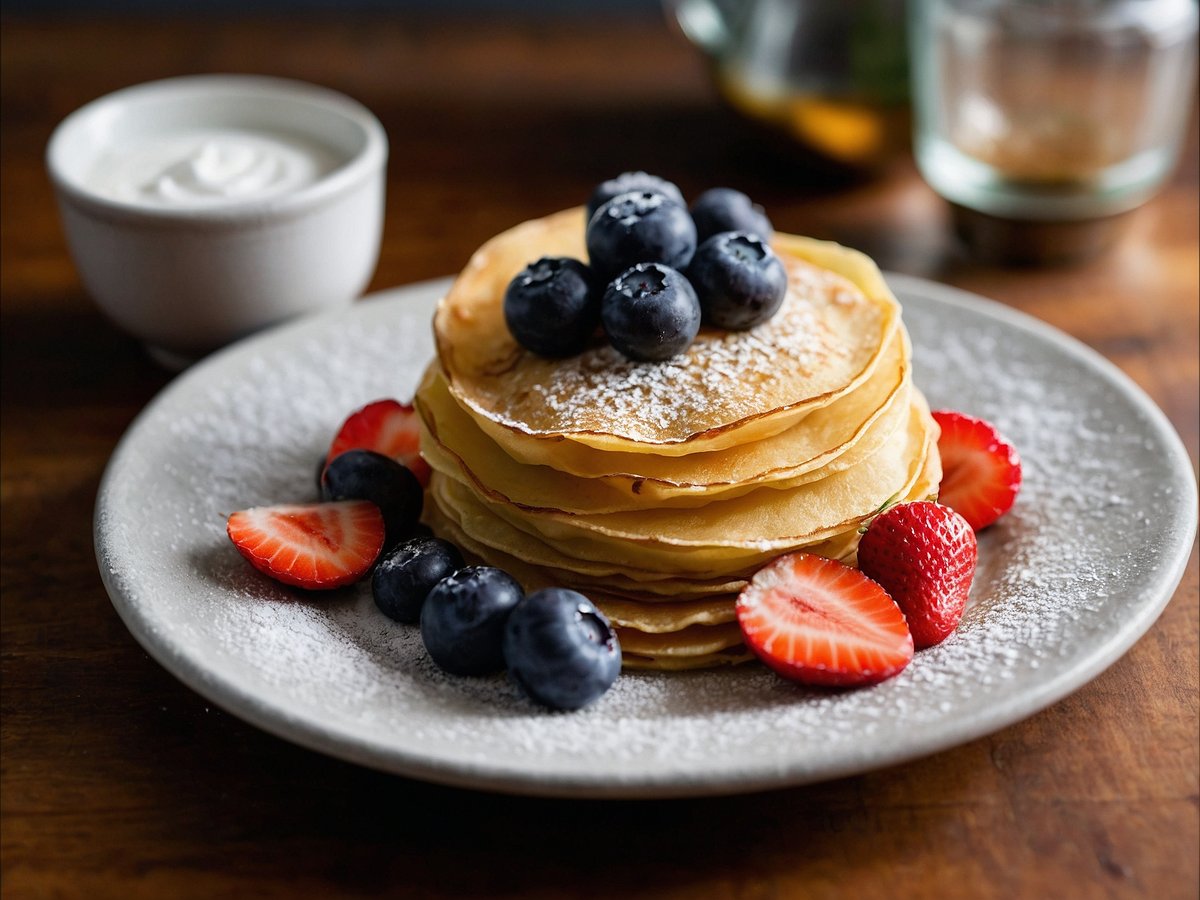 Auf dem Bild sind mehrere übereinander gestapelte Crepes auf einem Teller zu sehen. Die Crepes sind goldbraun und leicht gewellt. Sie sind mit frischen Blaubeeren und Erdbeeren dekoriert, die auf und um die Crepes herum angeordnet sind. Ein feiner Puderzucker ist auf den Crepes verstreut, was ihnen ein ansprechendes Aussehen verleiht. Neben dem Teller steht eine kleine Schüssel mit Sahne. Der Hintergrund ist unscharf und zeigt eine Holzoberfläche sowie eine Glasflasche.