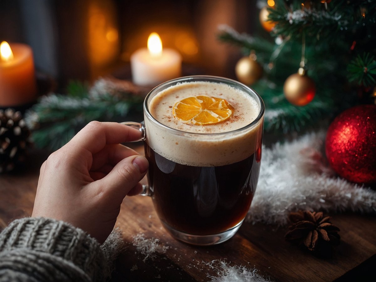 Ein warmer Becher Glühwein mit einer Scheibe Zitrone obendrauf steht auf einem rustikalen Holztisch umgeben von einer winterlichen Atmosphäre mit leuchtenden Kerzen und festlichem Tannengrün. Der Becher wird von einer hand gehalten während im Hintergrund Weihnachtsdekorationen wie ein roter Weihnachtsball und Tannenzapfen sichtbar sind. Das Bild vermittelt ein Gefühl von Gemütlichkeit und Wärme in der kalten Jahreszeit.