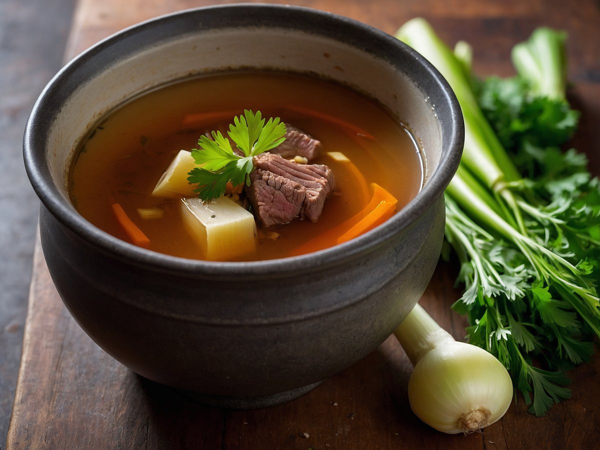 Rinderbrühe in einer dunklen Schüssel mit stückigem Fleisch, Würfeln von Kartoffeln und Karotten, garniert mit frischem Koriander. Im Hintergrund liegen frische Selleriestangen und eine Zwiebel auf einem Holzuntergrund.