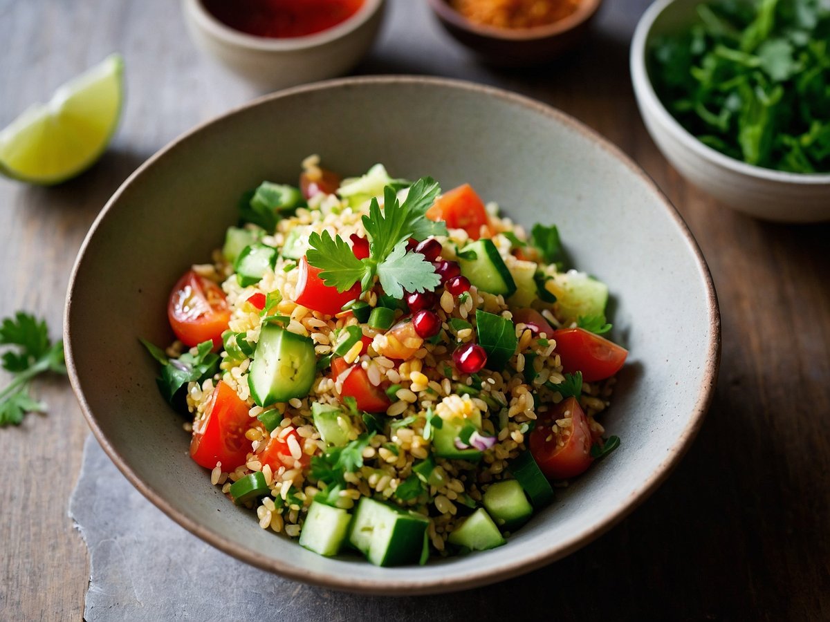 Ein bunter Bulgur-Salat befindet sich in einer flachen Schüssel. Der Salat enthält frische Zutaten wie kleine, rote Kirschtomaten, grüne Gurkenstücke, Petersilie und Granatapfelkerne, die für Farbe und Geschmack sorgen. Im Hintergrund sind verschiedene kleine Schalen mit Saucen und frischem Grün sichtbar. Eine Limette liegt ebenfalls neben der Schüssel, während die Holzoberfläche des Tisches für eine rustikale Atmosphäre sorgt.