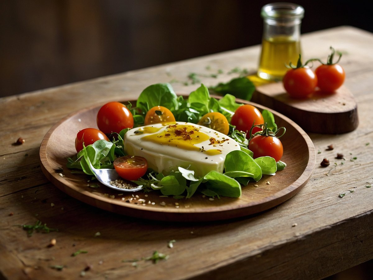 Auf dem Bild ist ein Holztablett mit einer ansprechenden Salatkreation zu sehen. In der Mitte befindet sich eine weiße, cremige Käsealternative, umgeben von frischem grünen Blattsalat. Rote Kirschtomaten sind gleichmäßig um den Käse platziert, einige davon sind halbiert. Das Gericht ist mit einem feinen Olivenöl beträufelt, das glänzend auf dem Käse liegt, und mit roten Pfefferflocken bestreut. Im Hintergrund sind weitere Kirschtomaten und eine Glasflasche mit Olivenöl zu erkennen, die dem Bild eine rustikale Note verleihen. Der Tisch hat eine natürliche Holzoberfläche, die den frischen und gesunden Charakter des Gerichts unterstreicht.