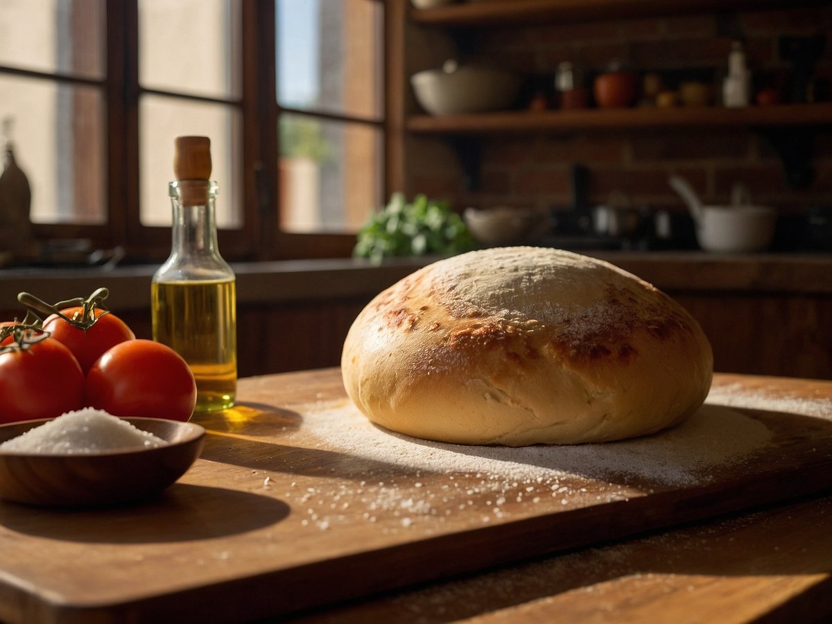 Ein frisch zubereiteter Pizzateig liegt auf einem Holzbrett, umgeben von frischen Tomaten, einer Flasche Olivenöl und einer Schale mit Salz. Im Hintergrund sind große Fenster zu sehen, die warmes Licht in die Küche lassen, in der sich weitere Kochutensilien befinden. Der Teig hat eine goldene, leicht geröstete Oberfläche und eine mehlige Textur.