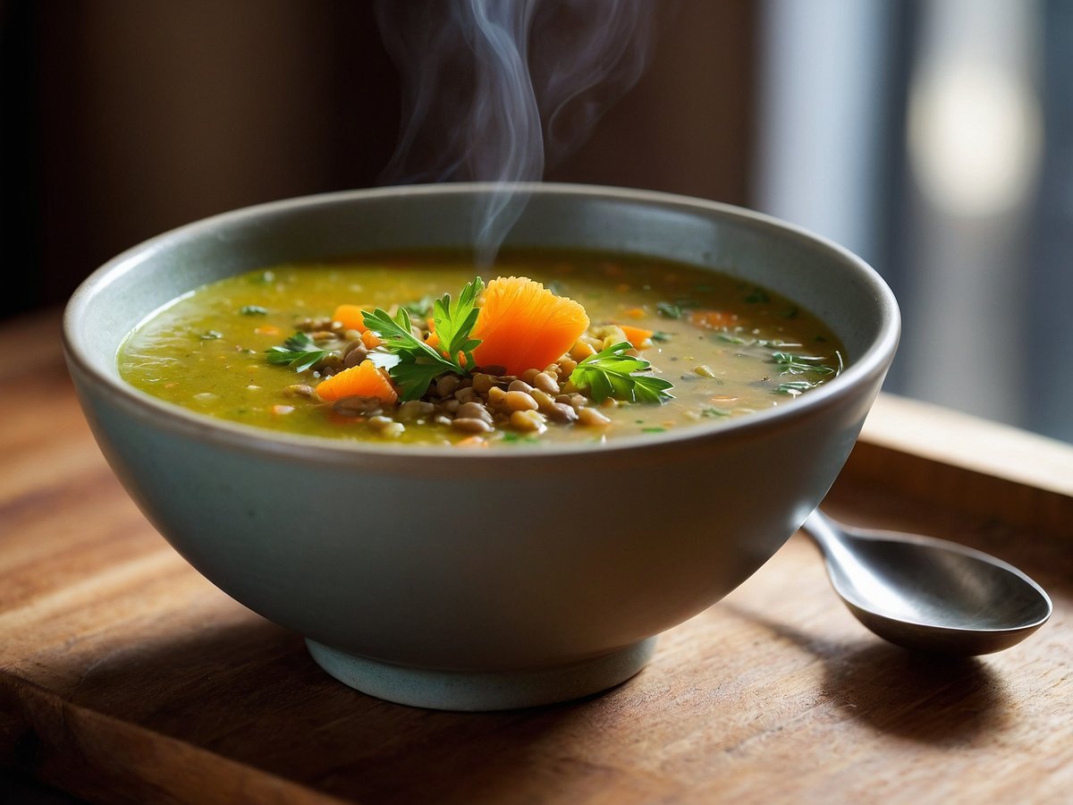 Eine dampfende Schüssel Linsensuppe steht auf einem Holzbrett. Die Suppe hat eine leuchtend grüne Farbe und ist mit kleinen Linsen, Karottenstückchen und frischen Kräutern garniert. Ein paar orangene Gemüsestücke und ein Zweig frische Petersilie zieren die Oberfläche der Suppe. Neben der Schüssel liegt ein silberner Löffel. Der Hintergrund ist unscharf und verstärkt den Fokus auf die appetitliche Suppe.