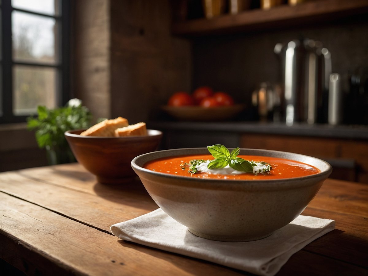 Eine Schüssel mit Tomatensuppe steht auf einem Holztisch. Die Suppe hat eine leuchtend rote Farbe und ist mit frischem Basilikum und Kräutern garniert. Neben der Schüssel befindet sich ein kleiner Teller mit Brotscheiben. Im Hintergrund sind eine Fensteraussicht und eine Schale mit Tomaten zu sehen, die eine gemütliche Küchenatmosphäre schaffen.