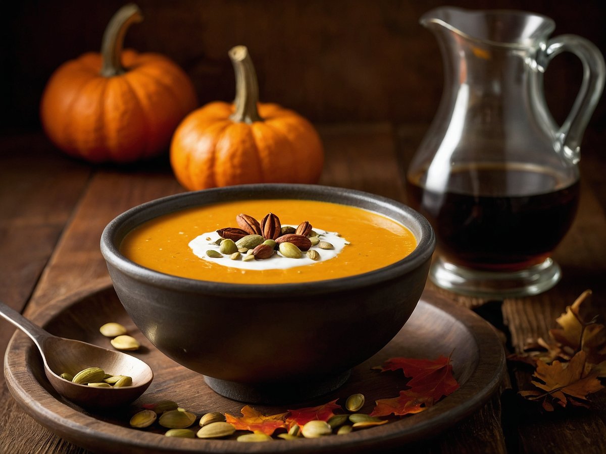 Eine Schüssel mit Kürbissuppe steht auf einem rustikalen Holztisch. Die Suppe hat eine leuchtend orange Farbe und ist mit einem Klecks Sahne sowie einer Mischung aus gerösteten Nüssen und Kürbiskernen dekoriert. Neben der Schüssel liegt ein Holzlöffel mit Kürbiskernen auf einem Holzbrett. Im Hintergrund sind zwei kleine, orangefarbene Kürbisse zu sehen, und ein Glas mit dunkelbraunem Getränk steht daneben. Der Tisch ist außerdem mit ein paar bunten Herbstblättern dekoriert.