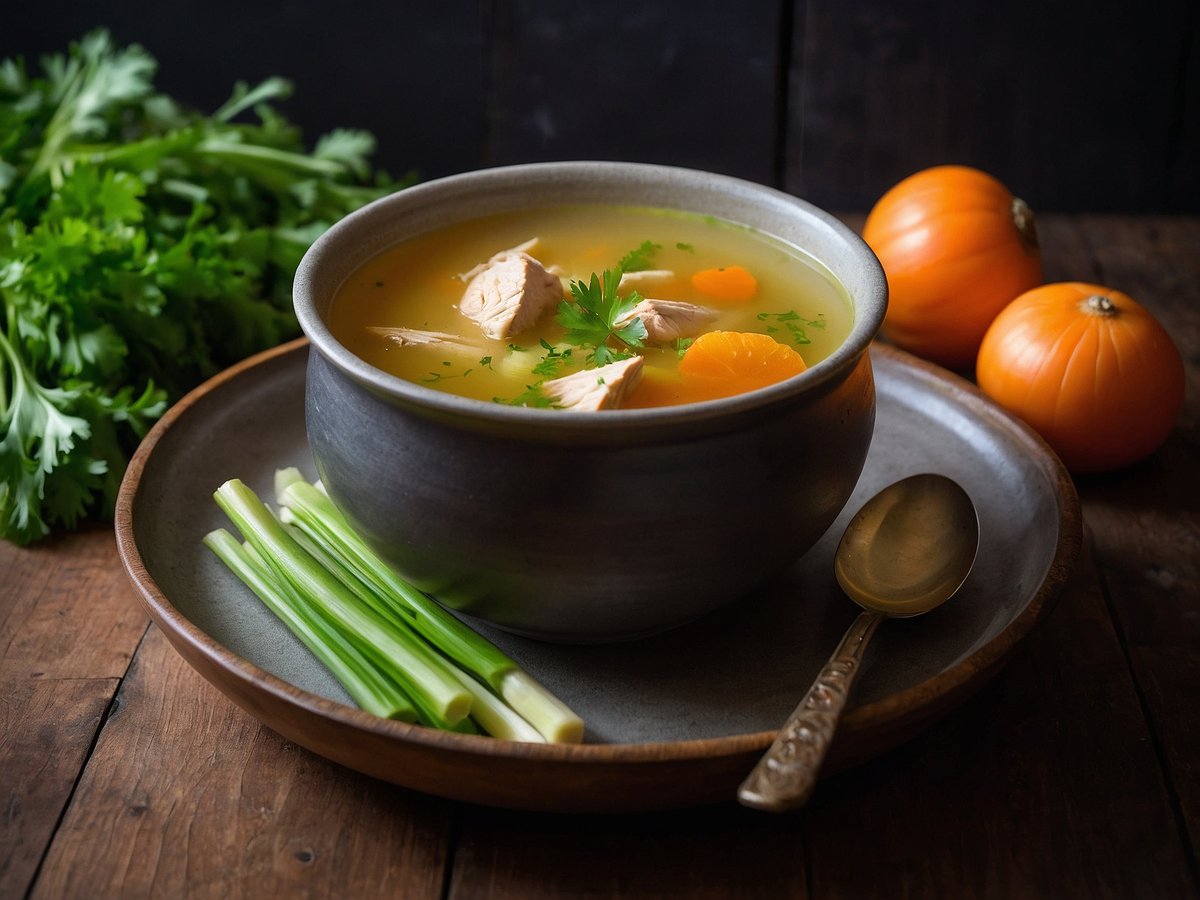 Eine Schüssel mit gefüllter Hühnersuppe steht auf einem Holzuntergrund. Die Suppe ist klar und enthält Stücke von gekochtem Hähnchenfleisch, orange Karottenstückchen und gehackte grüne Kräuter. Neben der Schüssel liegen frische grüne Zwiebeln, und auf der anderen Seite sind zwei orangene Kürbisse zu sehen. Ein Löffel aus antik wirkendem Metall ergänzt die Anordnung. Im Hintergrund sind frische Kräuter zu erkennen.