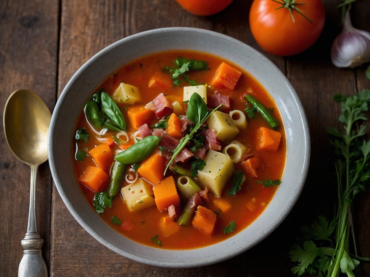 Eine Schüssel Minestrone-Suppe steht auf einem Holztisch. Die Suppe enthält bunte Gemüsestücke, darunter orange Kürbis, gelbe Kartoffeln und grüne Bohnen. Darin befinden sich auch kleine Röhrennudeln und Stücke von Schinken. Frische grüne Basilikumblätter und gehackte Kräuter sind als Garnitur sichtbar. Neben der Schüssel liegen ein silberner Löffel und einige Zutaten wie Tomaten und eine Knoblauchzehe im Hintergrund.