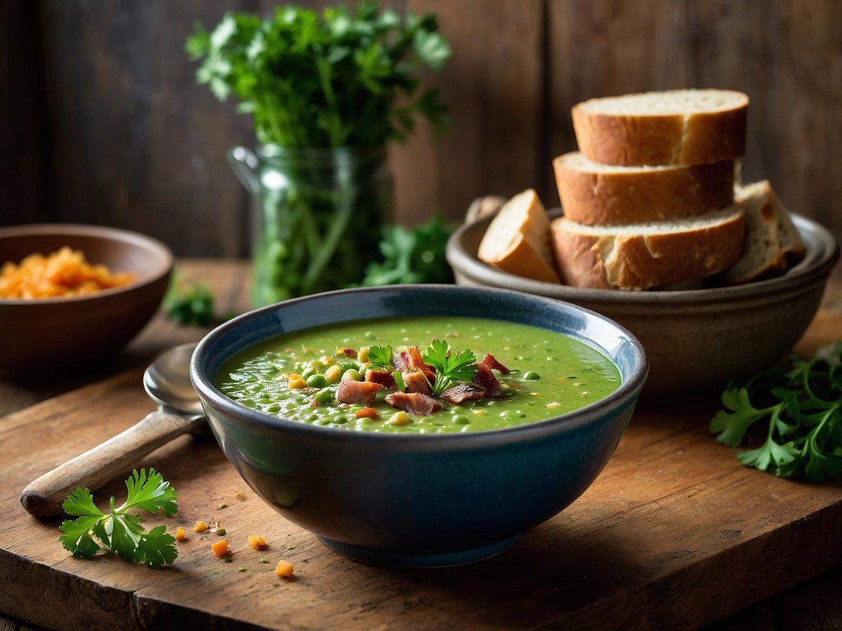 Eine Schüssel mit dichter, grüner Erbsensuppe steht auf einem Holztisch. Die Suppe ist mit einigen kleinen Stückchen Schinken und frischer Petersilie garniert. Neben der Schüssel liegen Löffel und frisches Brot, das in einem erstaunlichen Stapel daneben steht. Im Hintergrund ist ein Glas mit frischen Kräutern und eine Schale mit geriebenem Gemüse zu sehen.