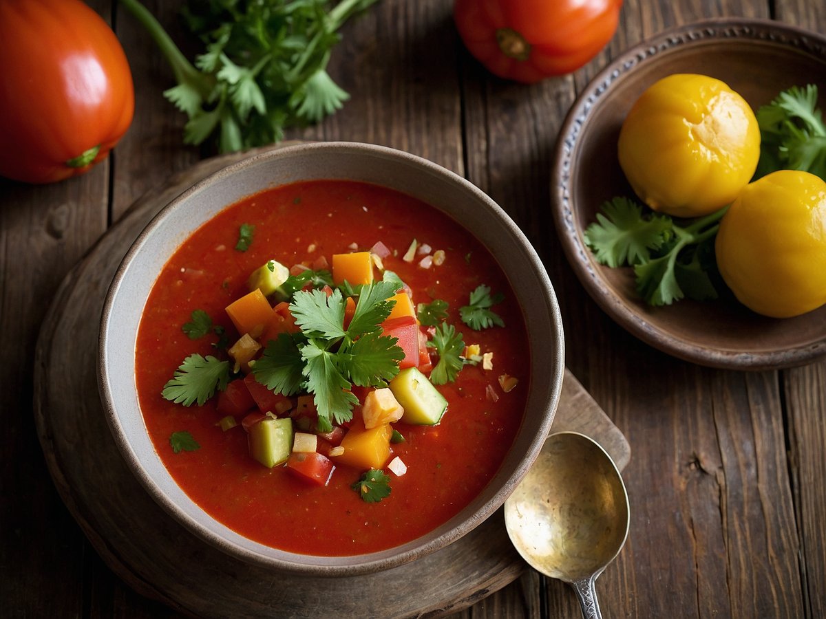 Eine Schüssel mit Gazpacho auf einem rustikalen Holztisch. Die kalte Tomatensuppe ist leuchtend rot und mit frischen grünen Kräutern sowie bunten Gemüsewürfeln aus Paprika und Gurke garniert. Neben der Schüssel liegt ein silberner Löffel. Im Hintergrund sind rote Paprika und zwei gelbe Tomaten auf einer Holzplatte zu sehen, die mit frischem Koriander dekoriert sind.