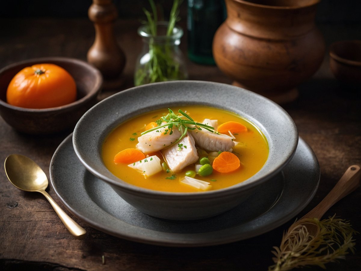 Eine Schüssel mit einer appetitlichen Fischsuppe steht auf einem rustikalen Holztisch. Die Suppe hat eine goldene Farbe und ist mit zarten Fischstücken, Karotten, Frühlingszwiebeln und einer grünen Bohne garniert. Neben der Schüssel liegt ein goldfarbener Löffel. Im Hintergrund sind eine orangefarbene Orange und eine kleine Glasflasche mit Kräutern sichtbar, während ein dekorativer Holzbehälter die Szenerie ergänzt.