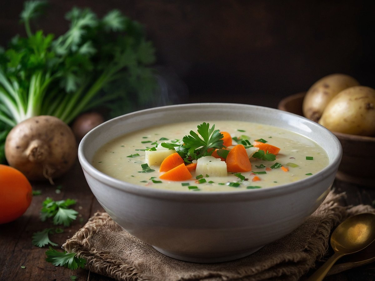 Eine Schüssel Kartoffelsuppe steht auf einem rustikalen Holztisch. Die Suppe ist cremig und enthält Stücke von Karotten, Sellerie und Petersilie, die farbenfroh auf der Oberfläche präsentiert werden. Neben der Schüssel liegen frische Kräuter, eine orange Karotte und verschiedene Kartoffeln auf einem Holztablett. Die gesamte Szene hat einen warmen, einladenden Eindruck.