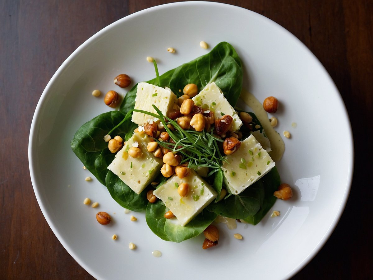 Auf dem Bild ist ein Caesar Salad zu sehen, der auf einem weißen Teller angerichtet ist. Die Salatbasis besteht aus frischen grünen Blättern, auf denen rechteckige Stücke einer hellen, cremigen Zutat liegen. Darüber befinden sich knusprige Nüsse und eine kleine Menge grüner Kräuter, die dem Gericht eine lebendige Note verleihen. Am Tellerboden sind einige zusätzliche Nüsse und kleine Samen verteilt, die die Präsentation abrunden. Der Hintergrund ist aus Holz und erzeugt eine gemütliche Atmosphäre.