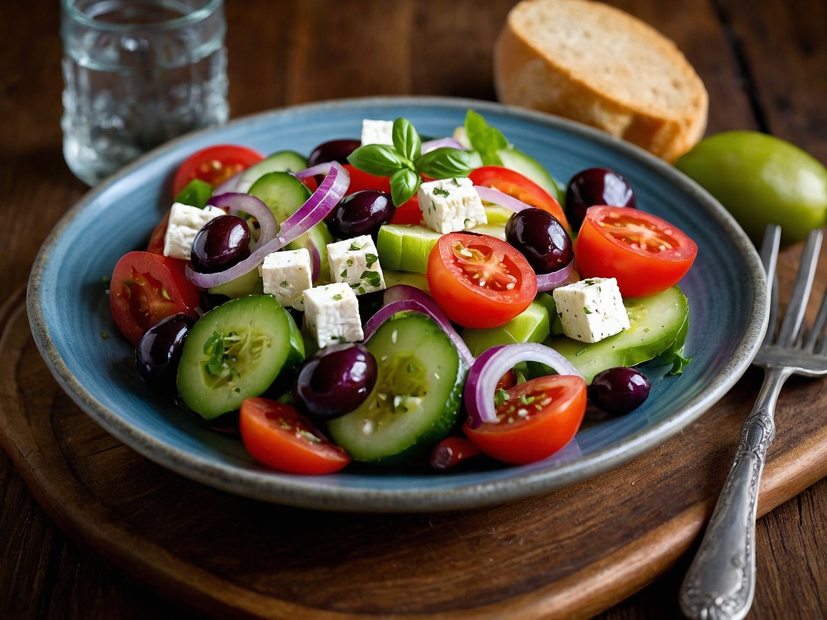 Ein farbenfroher griechischer Salat auf einem blauen Teller. Der Salat enthält frische Gurkenscheiben, halbierte Cocktailtomaten, schwarze Oliven, rote Zwiebelringe und kleine Würfel Feta-Käse. Der Teller ist auf einem Holzbrett platziert, neben einem Stück Brot und einer Limette. Im Hintergrund ist ein Glas Wasser zu sehen.