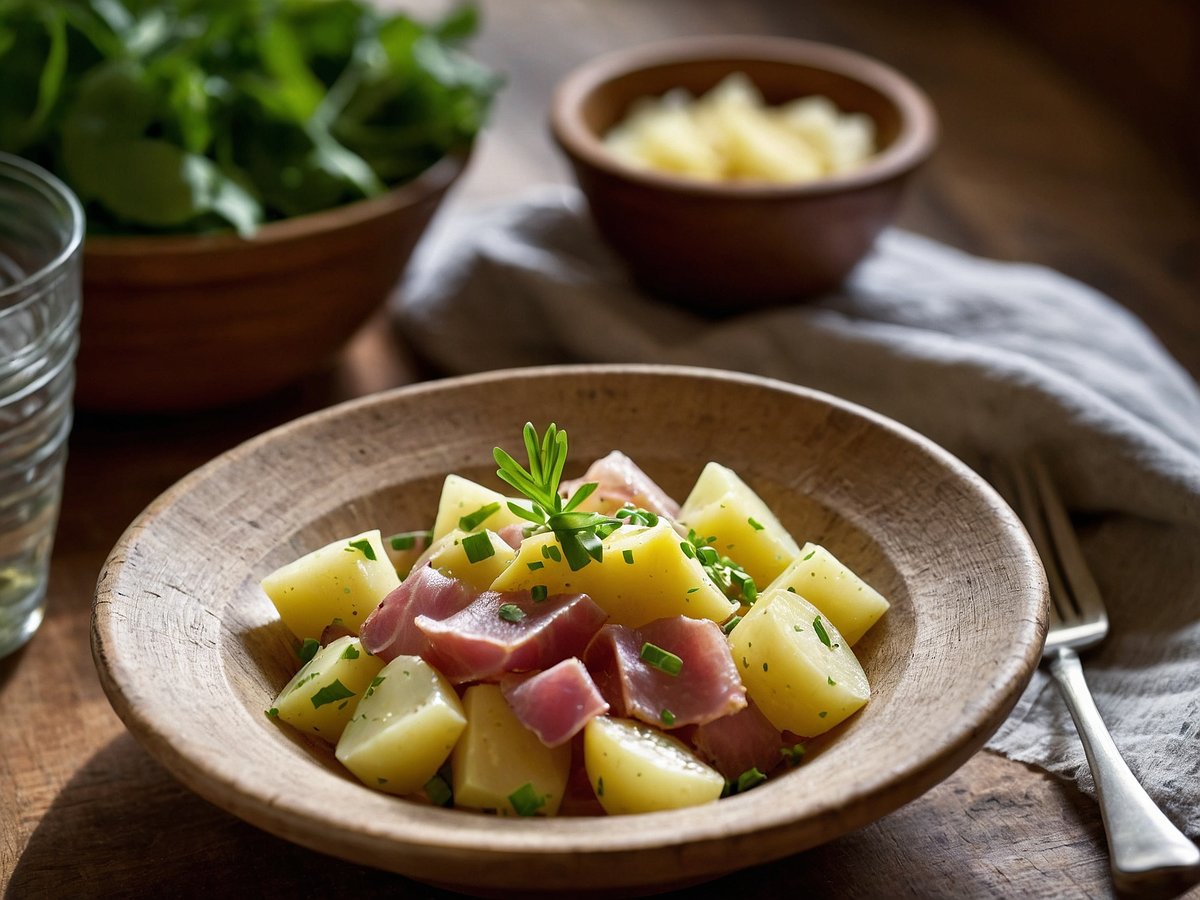 Eine rustikale Holzschale enthält Kartoffelsalat, zubereitet aus gewürfelten Kartoffeln und Schinken, garniert mit frischem Schnittlauch. Im Hintergrund sind weitere Schalen mit grünen Zutaten und einer anderen Zubereitung zu sehen. Der Tisch hat eine natürliche Holzoberfläche und es ist ein Besteckstück zu erkennen.