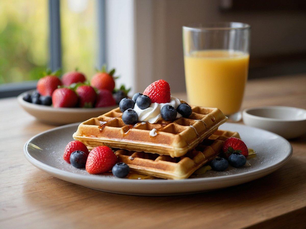 Auf dem Bild sind frisch zubereitete Waffeln auf einem grauen Teller zu sehen. Die Waffeln sind mit Fruchtstücken garniert, darunter Blaubeeren und Erdbeeren, sowie einem kleinen Klecks Schlagsahne und einem Schuss Sirup. Im Hintergrund steht ein Glas frisch gepresster Saft und eine Schüssel mit weiteren Erdbeeren auf einem Tisch. Die Gesamtanordnung vermittelt eine einladende Frühstücksatmosphäre.