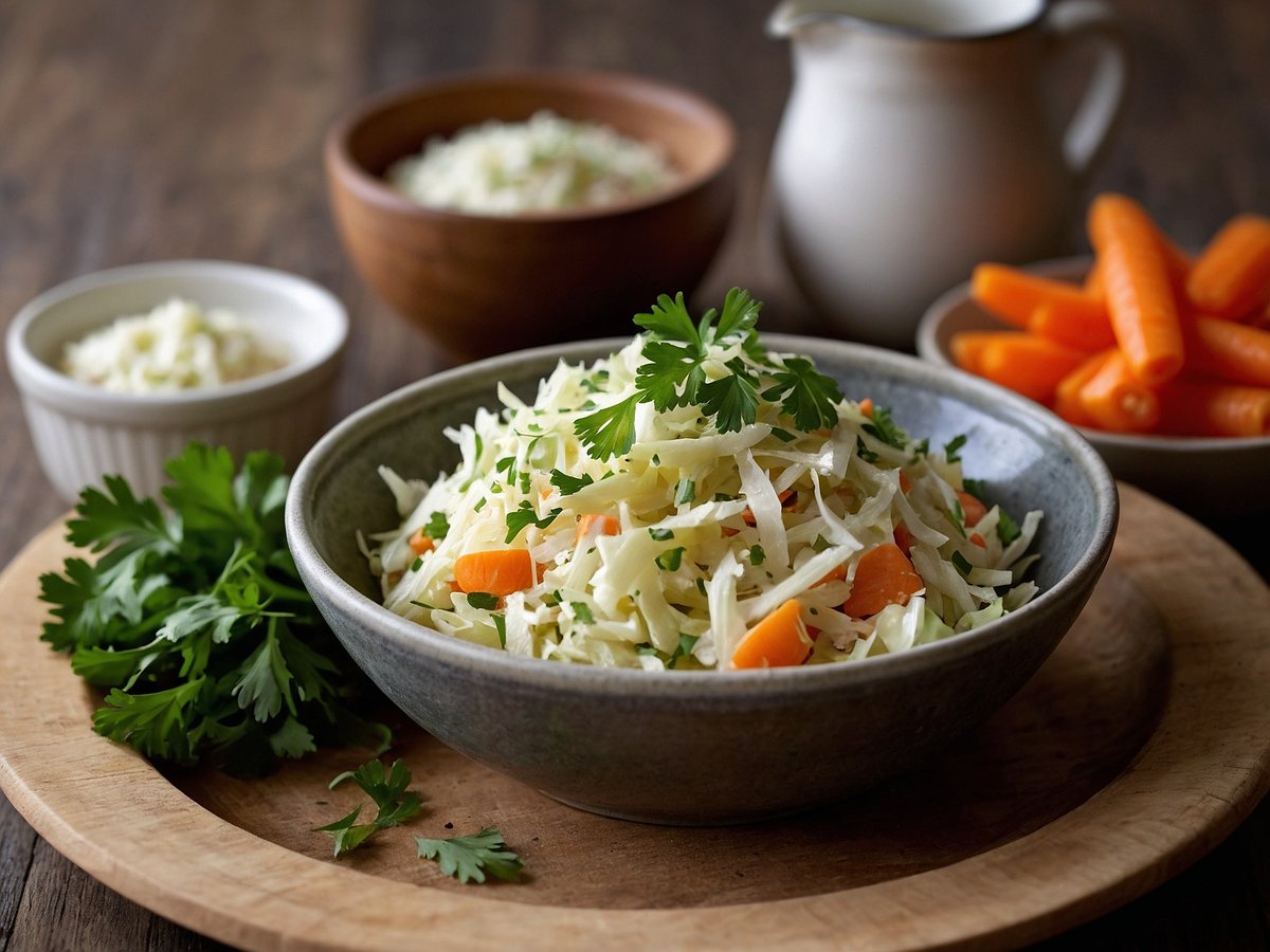 Ein Schüssel Coleslaw mit präzise geschnittenem Weißkohl, Karottenstückchen und Kräutern in einer dekorativen Schale steht auf einem Holzbrett. Im Hintergrund sind weitere Schalen mit verschiedenen Zutaten zu sehen, darunter eine kleine Schale mit gehacktem Kohl und eine mit Sauce. Neben dem Coleslaw liegen frische Karotten in einer weiteren Schale und einige grüne Kräuter. Die Szene vermittelt einladende und frische Essenspräsentation.