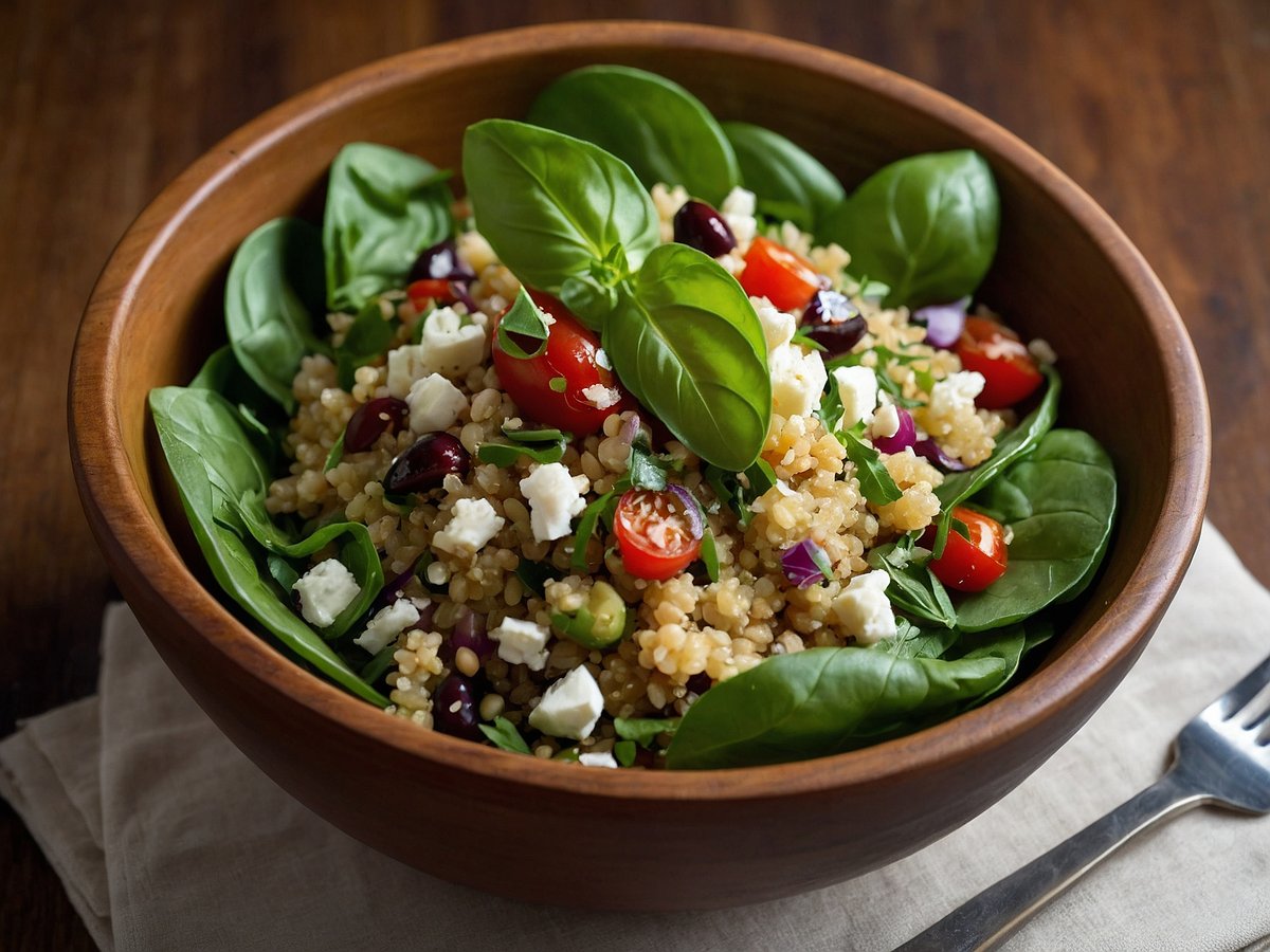 Eine Schüssel mit Quinoa-Salat, die mit frischen Zutaten angerichtet ist. Die Salatmischung besteht aus gekochtem Quinoa, Spinat, Kirschtomaten, Oliven und Feta-Käse. Die Farben sind lebendig, mit dem Grün des Spinats, dem Rot der Tomaten, dem Schwarz der Oliven und dem Weiß des Feta. Der Salat ist ansprechend in einer Holzschale serviert und auf einem hellen Stofftuch platziert. Ein Löffel aus Edelstahl liegt neben der Schüssel.