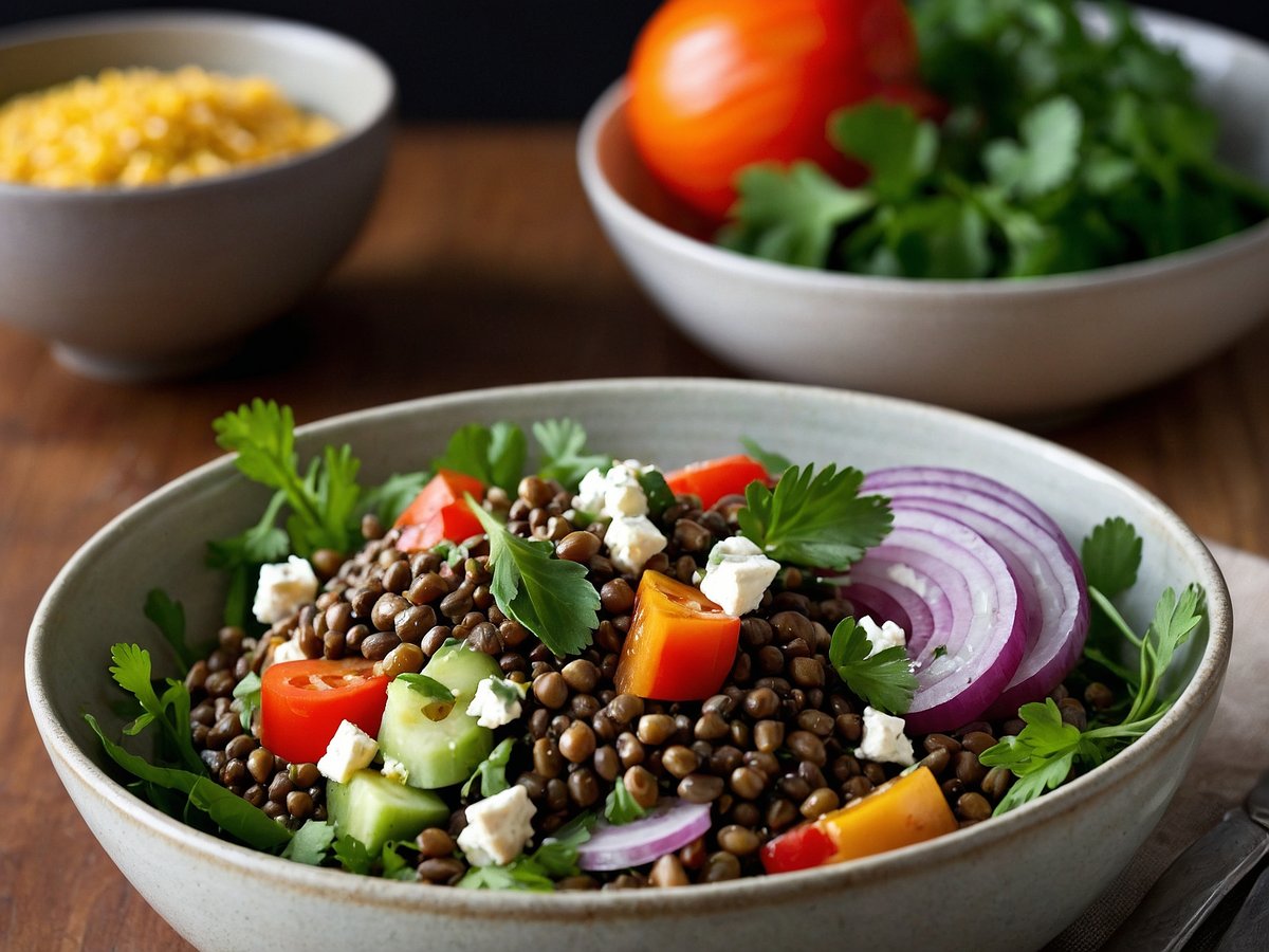 Ein bunter Linsensalat in einer schlichten Schale, angerichtet mit grünen Linsen, gewürfelten Tomaten, Gurken und bunten Paprikastücken. Feta-Stücke und frische Kräuter wie Koriander und Petersilie sorgen für zusätzliche Frische. Im Hintergrund sind weitere Schalen mit gekochtem Mais und einer ganzen Tomate sowie frischem Koriander zu sehen. Der holzige Tisch gibt dem Bild eine natürliche, gemütliche Atmosphäre.