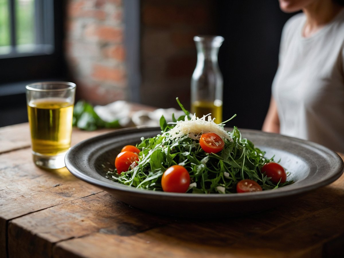 Ein rustikeller Holztisch trägt eine große Schüssel mit frischem Rucola-Parmesan-Salat. Der Salat enthält saftige Cherry-Tomaten und wird mit gehobeltem Parmesan bestreut. Neben der Schale befindet sich ein Glas mit olivem Öl, während im Hintergrund eine Glasflasche mit Öl zu sehen ist. Eine Person, die teilweise sichtbar ist, sitzt in der Nähe und lenkt die Aufmerksamkeit auf den Salat. Das Licht fällt sanft auf die Szene, was eine einladende Atmosphäre schafft.