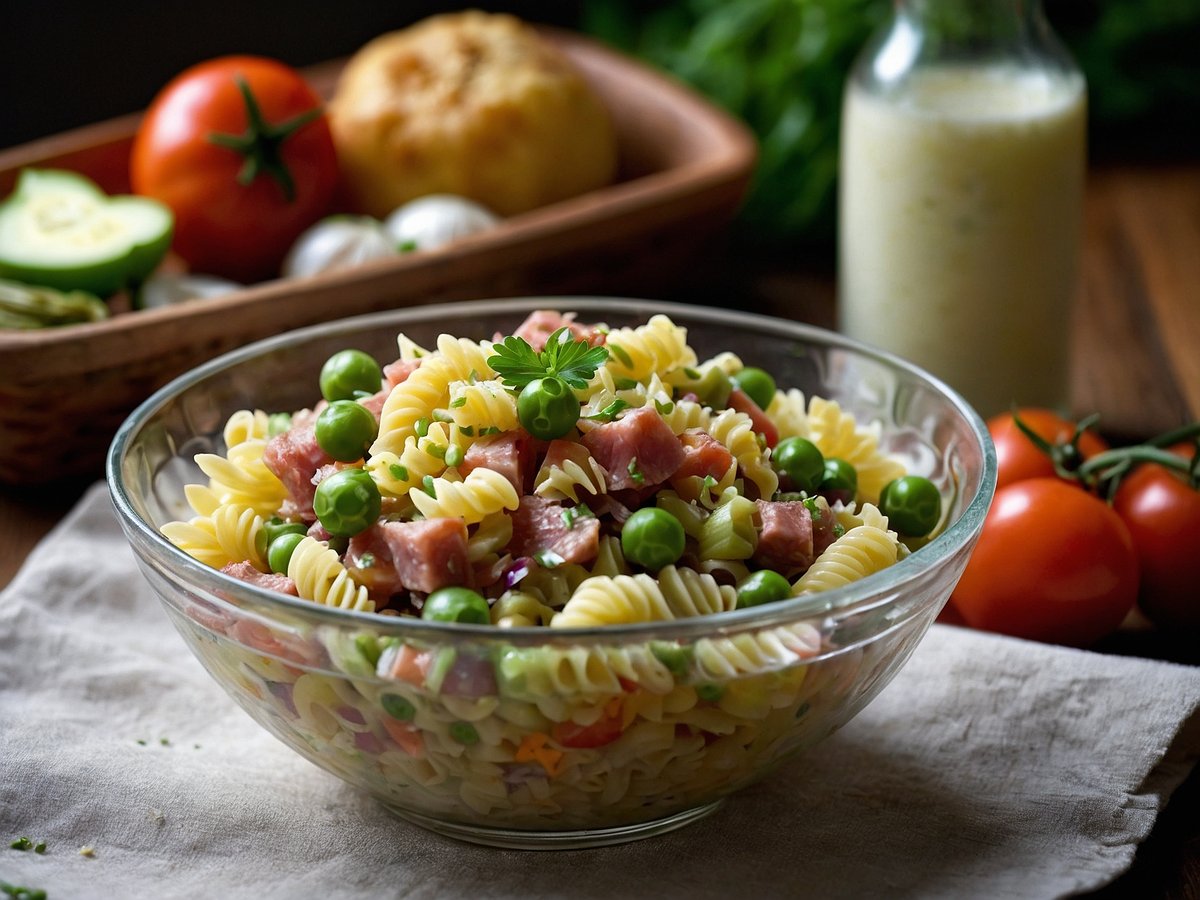 Ein Glasnudelsalat mit spiralförmigen Nudeln, Erbsen, Wurststückchen und frischen Kräutern ist im Vordergrund zu sehen. Im Hintergrund befinden sich frische Zutaten wie Tomaten, Gurken und Zwiebel, sowie eine Flasche mit einer hellen Sauce. Der Salat ist auf einem neutralen Tuch platziert und die gesamte Szene wirkt einladend und appetitlich.