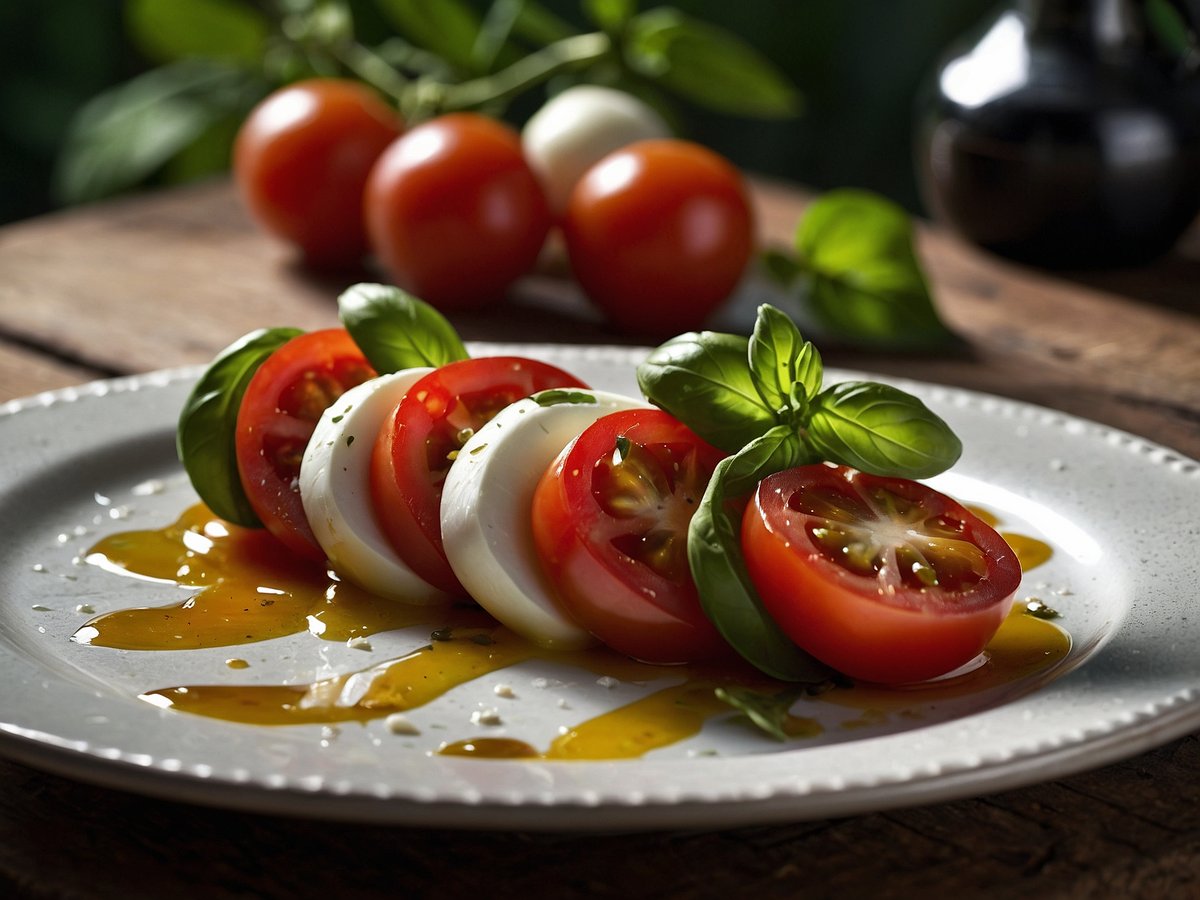 Auf dem Bild ist ein Teller mit frischer Caprese zu sehen. Die Anordnung besteht aus abwechselnd geschnittenen Tomaten und Mozzarella, garniert mit frischem Basilikum. Auf dem Teller sind auch einige Tropfen Olivenöl und Gewürze sichtbar. Im Hintergrund sind weitere Tomaten und ein schwarzes Glas mit Olivenöl. Der Teller steht auf einer rustikalen Holzoberfläche.