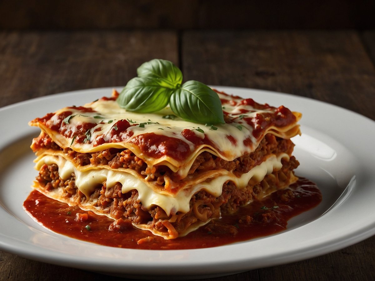 Ein Stück Lasagne ist auf einem weißen Teller angerichtet. Die Lasagne besteht aus mehreren Schichten, gefüllt mit Fleischsoße, Käse und einer Tomatensauce. Oben auf der Lasagne befindet sich geschmolzener Käse, verziert mit frischem Basilikum und etwas gehackter Petersilie. Der Teller steht auf einer rustikalen Holzoberfläche, die eine warme und einladende Atmosphäre schafft.