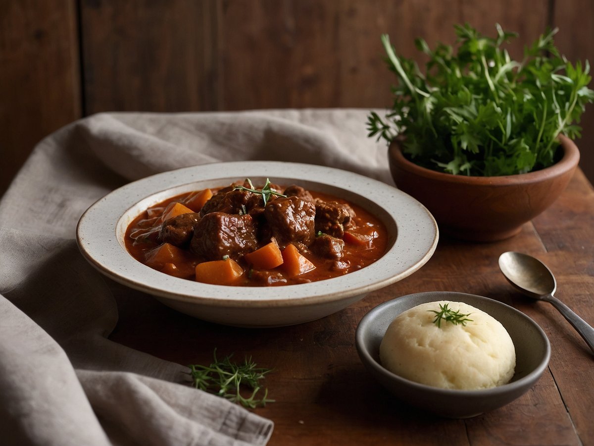 Ein appetitliches Gulasch in einer tiefen Schale, garniert mit frischen Kräutern. Das Gericht enthält zarte Fleischstücke und bunten Gemüsewürfel in einer reichhaltigen, roten Soße. Daneben befindet sich eine Schüssel mit cremigem Kartoffelbrei, ebenfalls mit einem Hauch von Kräutern dekoriert. Im Hintergrund steht eine Schale mit frischem Koriander, die dem Bild eine lebendige Note verleiht. Der Tisch ist aus Holz, was eine rustikale Atmosphäre schafft.