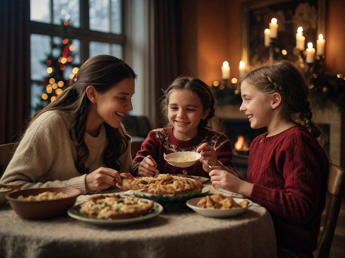 Auf dem Bild ist eine fröhliche Familie zu sehen, die an einem Tisch mit Festtagslebensmitteln sitzt. Eine Mutter und zwei Mädchen beschäftigen sich mit dem Essen und tauschen Lächeln aus. Auf dem Tisch stehen verschiedene traditionelle Speisen, die an Feiertagen typischerweise genossen werden, während der Hintergrund festlich dekoriert ist. Ein Weihnachtsbaum mit Lichtern und Kerzen schafft eine warme und nostalgische Atmosphäre, die die Bedeutung von Festlichkeiten und Familientraditionen hervorhebt.