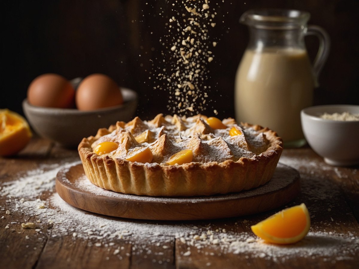 Ein frisch gebackener Mürbeteigkuchen steht auf einem Holzbrett. Der Kuchen hat eine goldene, knusprige Kruste und ist mit einer hellen, sahnigen Füllung sowie gelben Fruchtstücken dekoriert. Feiner Puderzucker wird gleichmäßig über den Kuchen gestreut. Im Hintergrund sind Eier in einer Schüssel, eine Kanne mit Milch und ein weiteres Gefäß mit trockenen Zutaten zu sehen. Ein Stück frischer Orange liegt neben dem Kuchen. Der Hintergrund ist dunkel und schafft eine warme Atmosphäre.