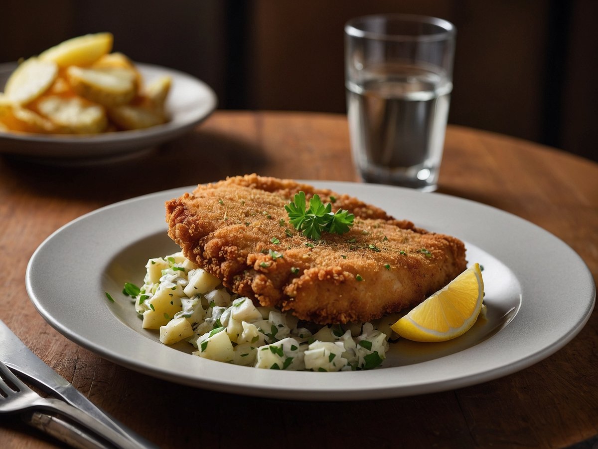 Auf dem Bild ist ein Teller mit einem panierten Schnitzel zu sehen, das auf einem Bett aus gehackten Kartoffeln und Kräutern liegt. Neben dem Schnitzel befindet sich eine Scheibe Zitrone und auf dem Teller sind einige grüne Kräuter dekoriert. Im Hintergrund steht ein Glas mit klarem Wasser und ein weiterer Teller mit knusprigen Kartoffelspalten ist im Bild sichtbar. Der Tisch ist aus Holz und die Atmosphäre wirkt gemütlich.