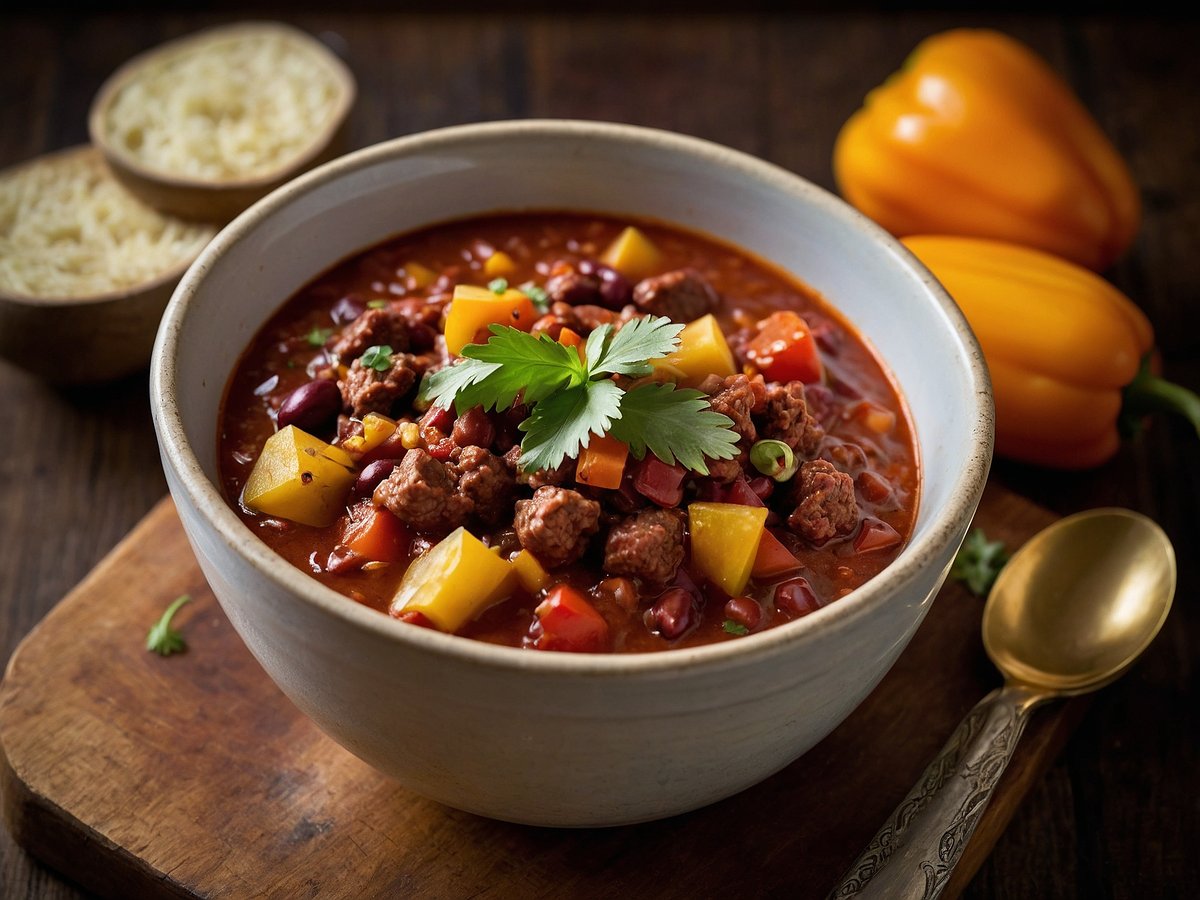 Eine Schüssel mit Chili con Carne, gefüllt mit buntem Gemüse, Bohnen und Fleischstücken, garniert mit frischem Koriander. Im Hintergrund sind zwei Holzschalen mit Reis und zwei gelbe Paprika sichtbar. Die Schüssel steht auf einem Holzbrett und ein goldener Löffel liegt daneben.