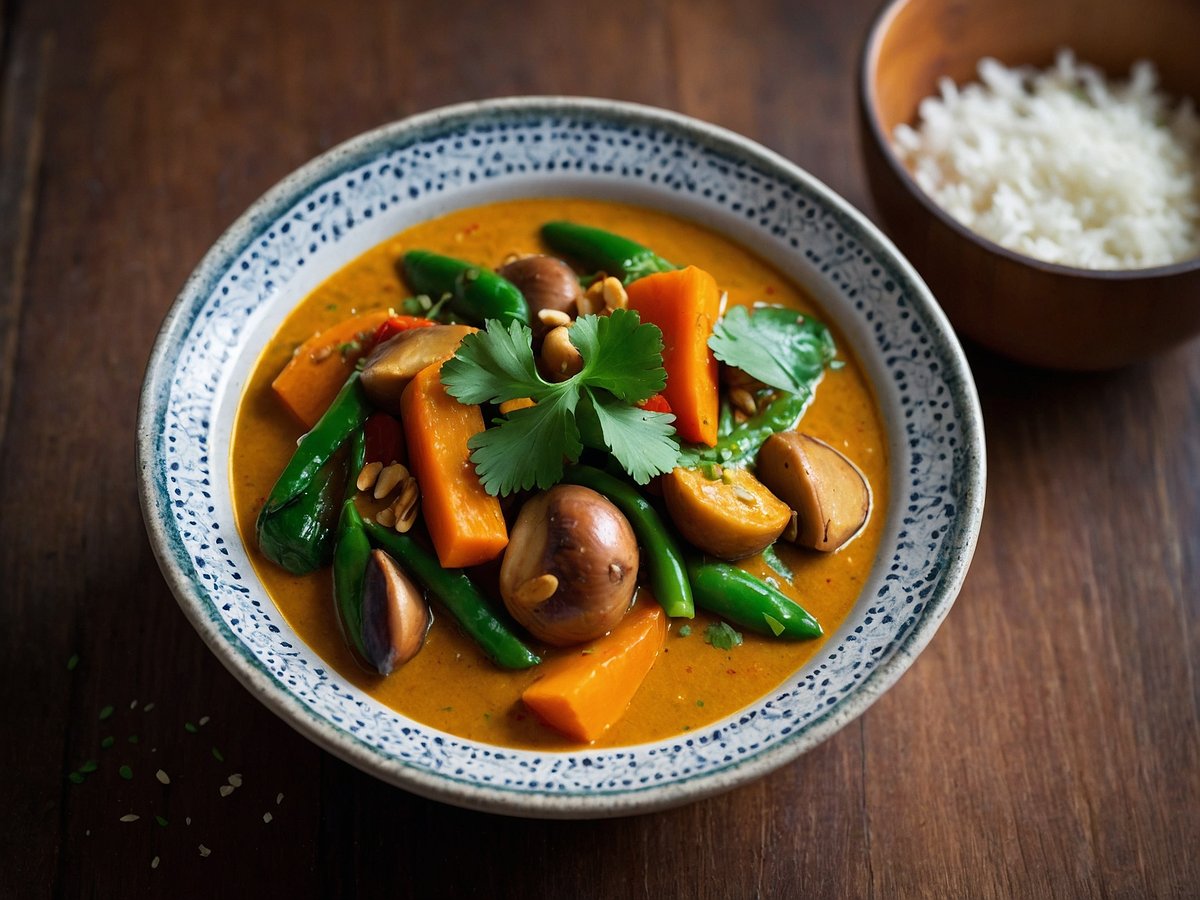 Ein appetitliches Gemüsecurry wird in einer dekorativen Schüssel präsentiert. Das Curry ist leuchtend orange und enthält eine Vielzahl von bunten Gemüsesorten, darunter Karotten, grüne Bohnen und Champignons. Frische Kräuter, insbesondere Koriander, garnieren das Gericht. Im Hintergrund ist eine kleine Schüssel mit dampfendem, weißen Reis zu sehen, was eine harmonische Ergänzung zum Curry darstellt. Der Untergrund ist aus dunklem Holz, was die Farben des Gerichts hervorhebt.