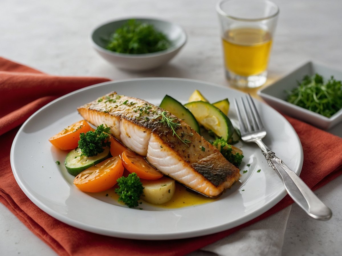 Ein Teller mit saftigem Fischfilet, umgeben von buntem Gemüse, darunter Zucchini, Karotten und Brokkoli. Das Filet ist goldbraun angebraten und leicht glasiert. Auf dem Tisch liegt ein rotes Tuch, und im Hintergrund ist ein kleines Glas mit einer goldenen Flüssigkeit sowie eine Schüssel mit frischen Kräutern zu sehen. Eine Gabel liegt neben dem Teller.