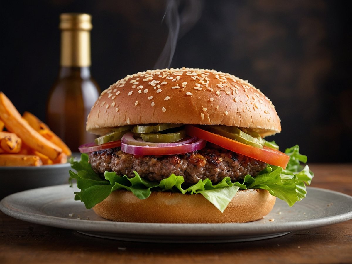 Ein frisch zubereiteter Burger mit einem Sesambrötchen ist auf einem Teller angerichtet. Der Burger ist üppig gefüllt mit einer saftigen Hackfleischpatty, frischem Salat, Tomatenscheiben, Zwiebelringen und eingelegten Gurken. Neben dem Burger liegen knusprige Pommes in einem separaten Schälchen. Im Hintergrund ist eine Flasche unidentifizierbares Getränk zu sehen. Der gesamte Anblick wirkt appetitlich und einladend.