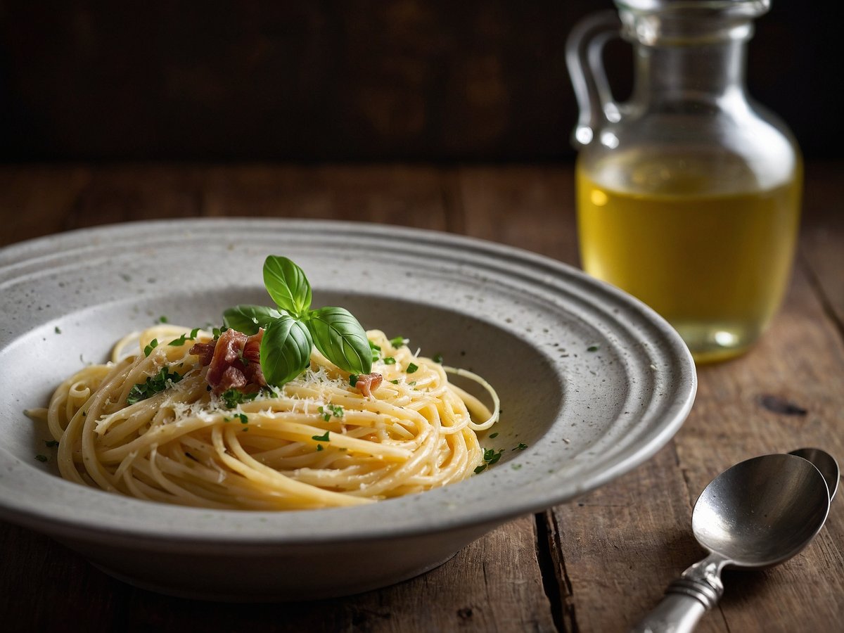 Ein Teller Spaghetti Carbonara ist liebevoll angerichtet, mit einer cremigen Sauce und feinen Spaghetti. Die Pasta ist mit frisch geriebenem Käse und kleinen Stückchen von knusprigem Speck garniert. Darüber liegt ein Zweig frisches Basilikum, der für einen schönen Farbkontrast sorgt. Um den Teller herum sind ein paar gehackte Kräuter verteilt. Im Hintergrund steht eine Glasflasche mit goldenem Öl, und eine silberne Löffel neben dem Teller auf einem rustikalen Holztisch.