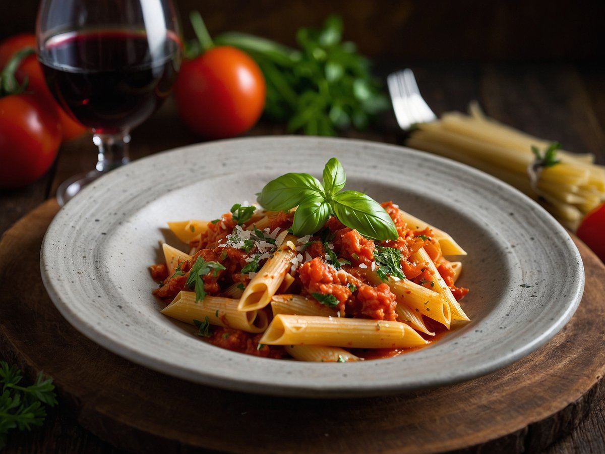 Ein Teller mit Penne Arrabiata, garniert mit frischem Basilikum und gehackter Petersilie. Die Pasta ist in einer würzigen, tomatigen Soße angerichtet und mit etwas Parmesan bestreut. Im Hintergrund sind frische Tomaten und ein Glas Rotwein zu sehen, während im oberen Bereich der Bildkomposition ungekochte Spaghetti liegen. Die gesamte Präsentation befindet sich auf einer rustikalen Holzunterlage.