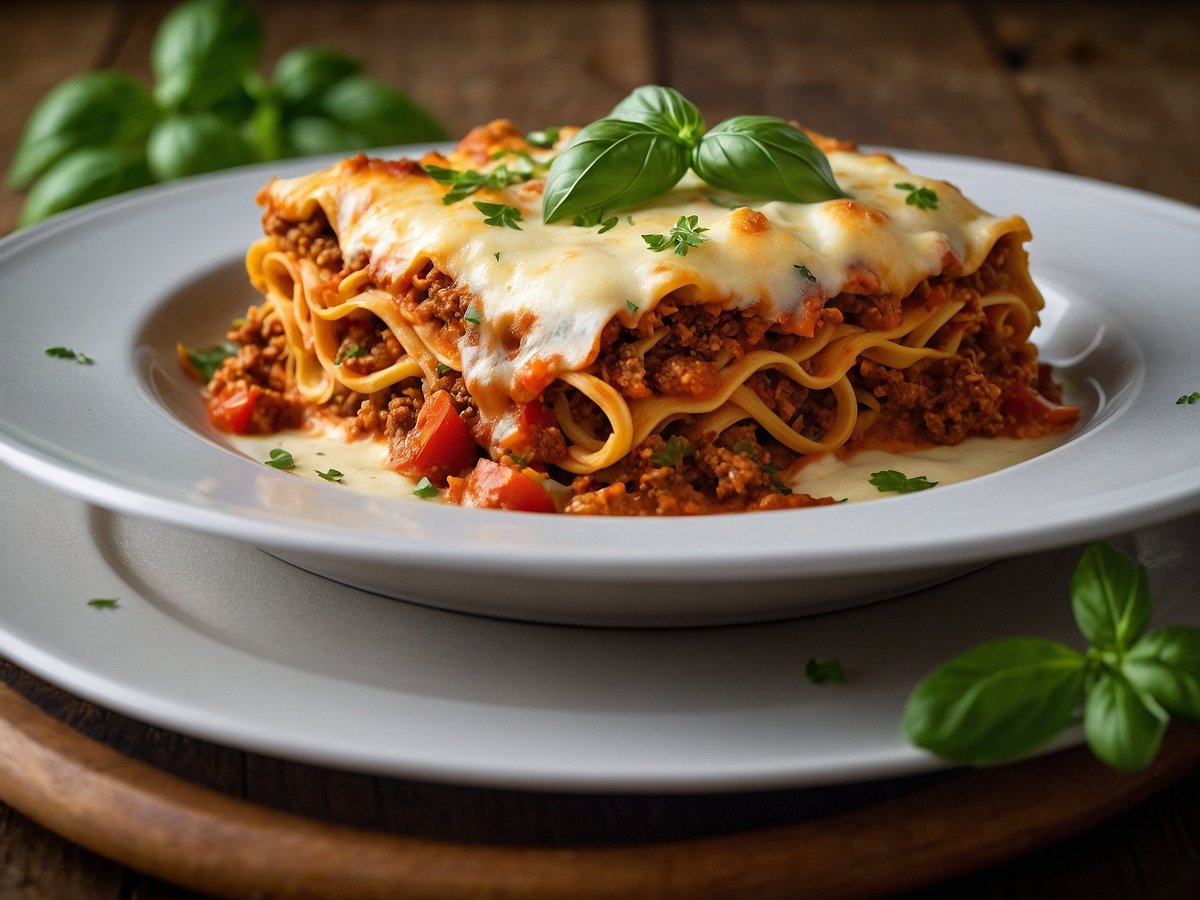 Eine Portion Lasagne Bolognese ist auf einem weißen Teller angerichtet. Die Lasagne besteht aus mehreren Schichten Teig und einer herzhaften Fleischsauce, die mit Tomaten und Gewürzen zubereitet ist. Die Oberfläche ist mit geschmolzenem Käse überbacken, der goldbraun ist. Frische Basilikumblätter und gehackte Petersilie garnieren die Lasagne und verleihen ihr einen frischen Farbkontrast. Im Hintergrund ist ein hölzerner Tisch zu sehen, der die natürliche und rustikale Atmosphäre des Gerichts betont.