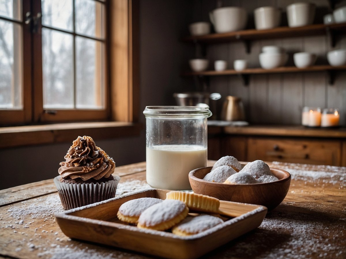 Auf dem Bild sind eine rustikale Holzoberfläche und ein zusätzliches, warmes Licht zu sehen. In der Mitte steht ein Schokoladen-Cupcake mit einer aufwendigen Zuckerglasur und dezentem Dekor. Daneben steht ein Glas mit Milch. Auf einem Holzteller liegen mehrere Kekse, die mit Puderzucker bestäubt sind. In einer Schale daneben befinden sich weitere Kekse, die ebenfalls mit Puderzucker verziert sind. Im Hintergrund sind Küchenutensilien und Kerzen auf einem Regal zu erkennen.