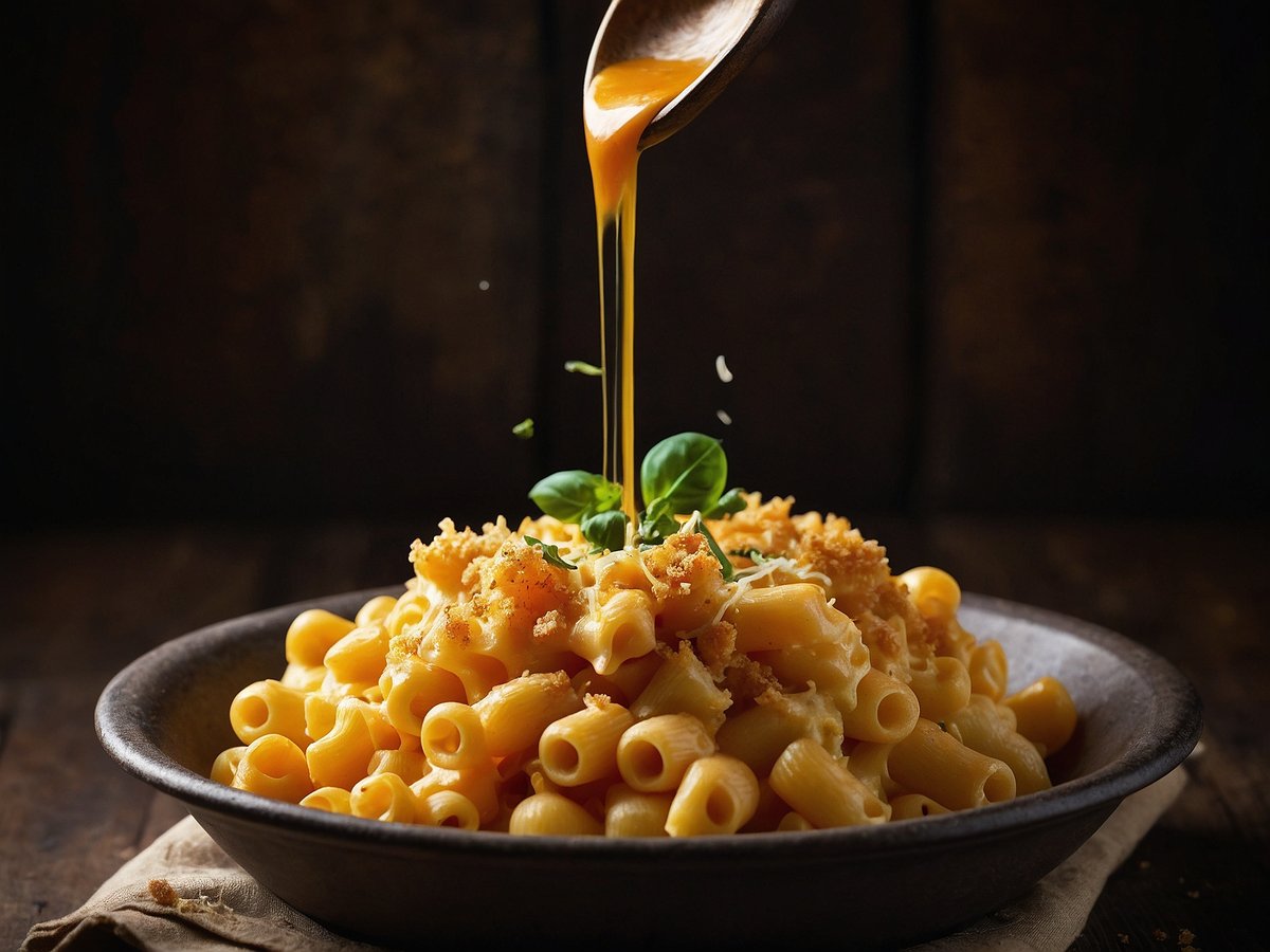 Ein tiefes Schalen-Gericht mit cremigem Mac and Cheese, das aus kurzen Röhrennudeln besteht. Über der Pasta wird geschmolzener Käse in einem sanften Strahl gegossen. Die Oberseite des Gerichts wird mit knusprigen Brotkrumen und frischen Kräutern, vermutlich Basilikum, garniert. Der Hintergrund ist dunkel, was einen gemütlichen, rustikalen Eindruck vermittelt.