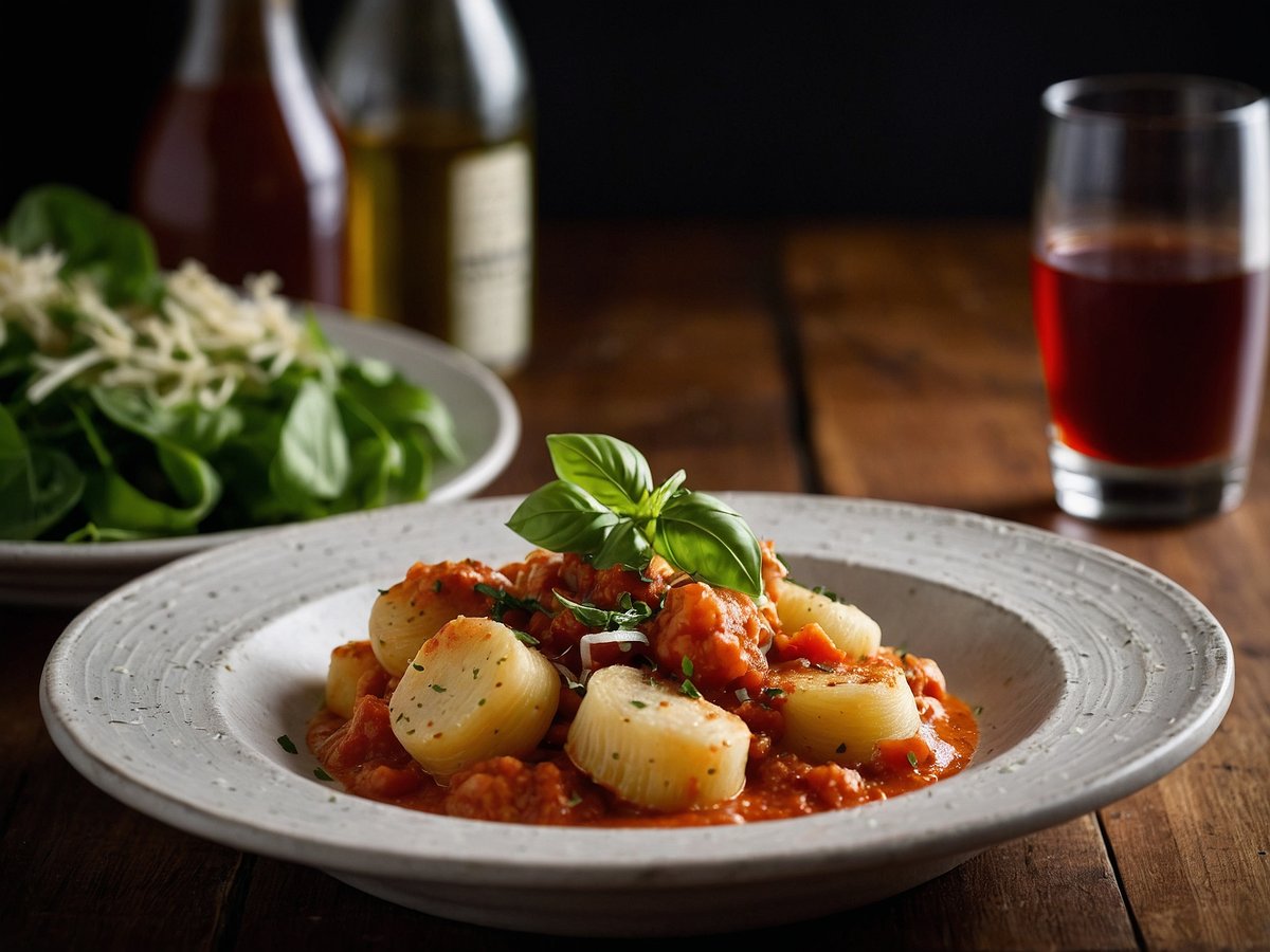 Gnocchi mit Tomatensauce auf einem weißen, runden Teller serviert. Die Gnocchi sind in einer reichhaltigen, roten Tomatensauce eingelegt und mit frischem Basilikum garniert. Im Hintergrund befindet sich ein grüner Salat auf einem weiteren Teller, während ein Glas eines dunklen Getränks daneben steht. Der Tisch hat eine natürliche Holzoptik, die eine gemütliche Atmosphäre schafft.