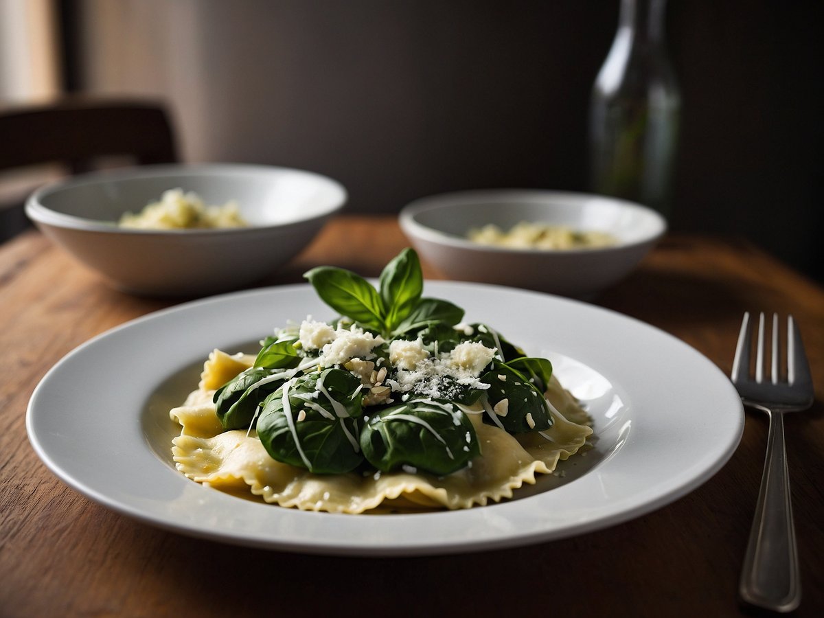 Ein Teller mit Ravioli, gefüllt mit Spinat, ist in der Mitte des Bildes platziert. Die Ravioli sind mit frischem Spinat und einer Mischung aus geriebenem Käse und Pinienkernen dekoriert. Im Hintergrund sind zwei Schalen mit einer weiteren Pasta-Variation sichtbar. Der Tisch ist aus Holz, und eine Gabel liegt neben dem Teller. Die Szenerie hat eine gemütliche, einladende Atmosphäre.