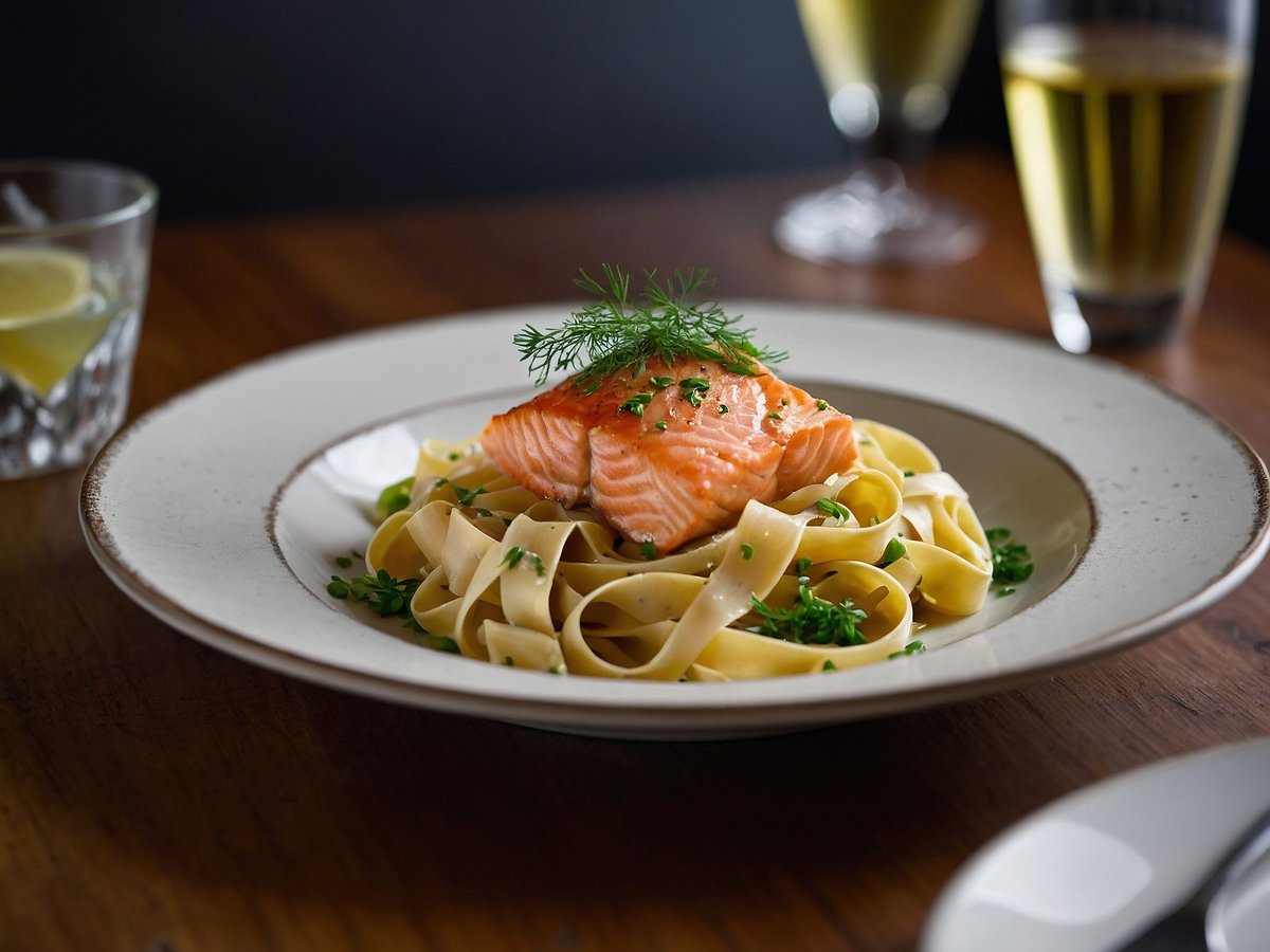 Tagliatelle mit Lachs auf einem eleganten Teller. Die pasta ist zart und mit frischen Kräutern garniert, während ein saftiges Lachsfilet darauf liegt. Im Hintergrund sind zwei Gläser mit hellem Getränk sowie ein Glas mit einem Eiswürfel und einer Limettenscheibe zu sehen. Der Tisch ist aus Holz und verleiht dem Bild eine warme Atmosphäre.