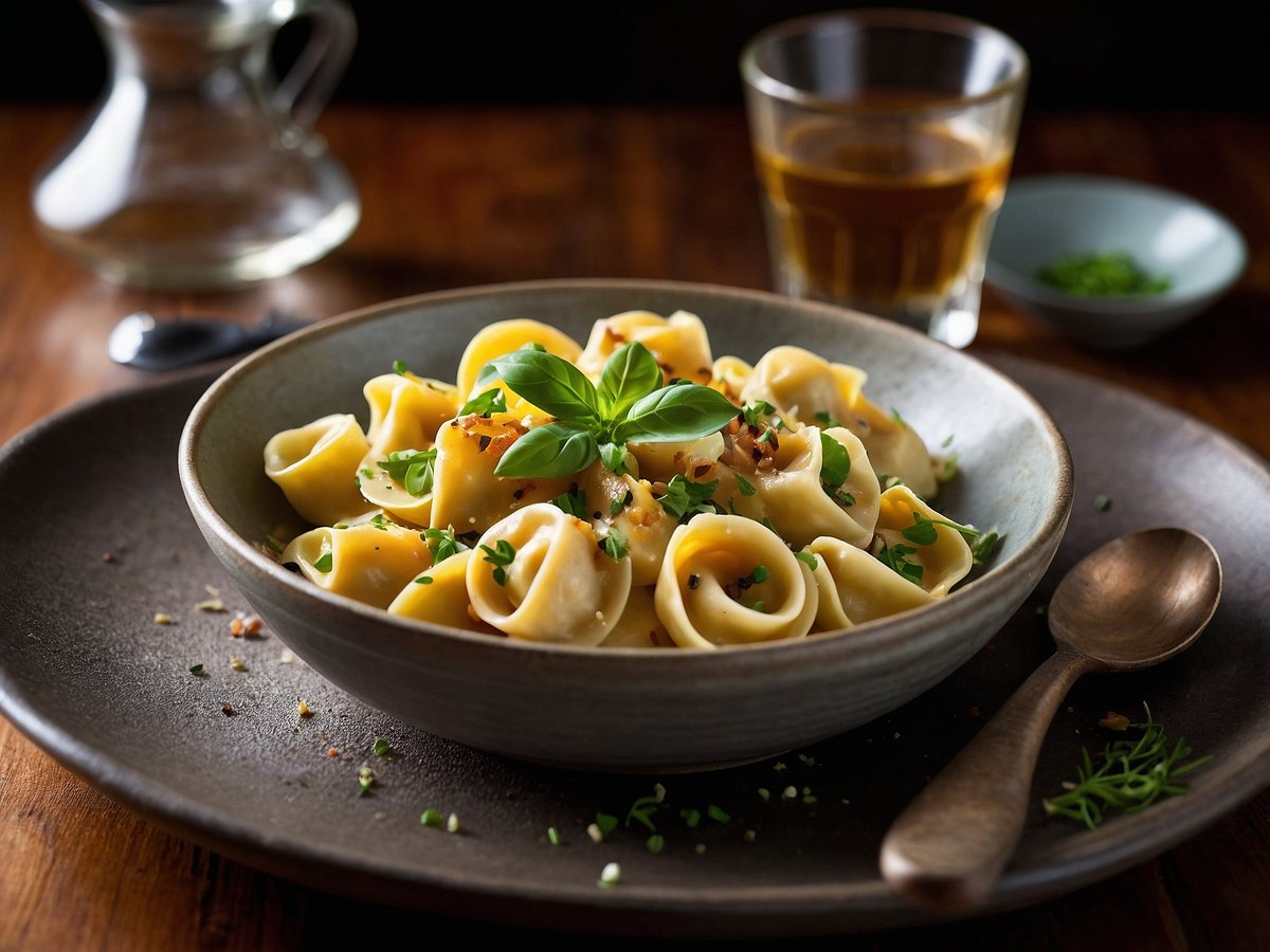 Tortellini in Sahnesauce serviert in einer flachen Schale, garniert mit frischem Basilikum und gehackten Kräutern. Im Hintergrund sind ein Glas mit einem Getränk und eine kleine Schale mit frischem Schnittlauch zu sehen. Der Tisch ist aus Holz und schafft eine warme, einladende Atmosphäre. Ein Löffel liegt neben der Schale.