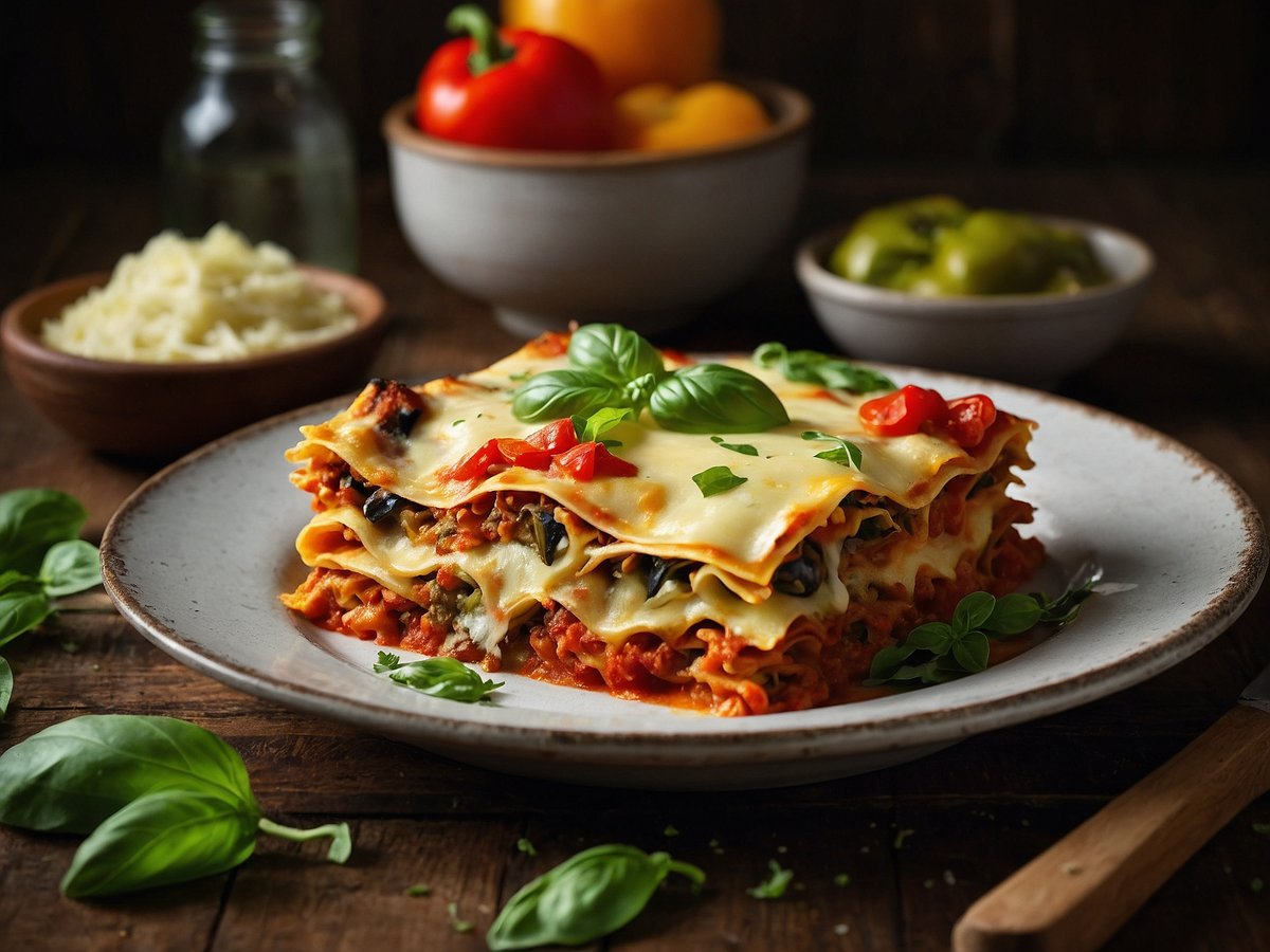 Eine appetitlich angerichtete vegetarische Lasagne auf einem weißen Teller. Die Lasagne ist mehrschichtig und enthält glänzende Käseschichten sowie eine Füllung aus Gemüse. Oben sind frische Basilikumblätter und gehackte Tomaten verteilt. Im Hintergrund sind einige farbige Paprika und eine Schüssel mit grünen Oliven sichtbar. Neben dem Teller liegt ein kleiner Holzlöffel, und auf dem Tisch sind einige frische Basilikumblätter und ein Behälter mit geriebenem Käse platziert.