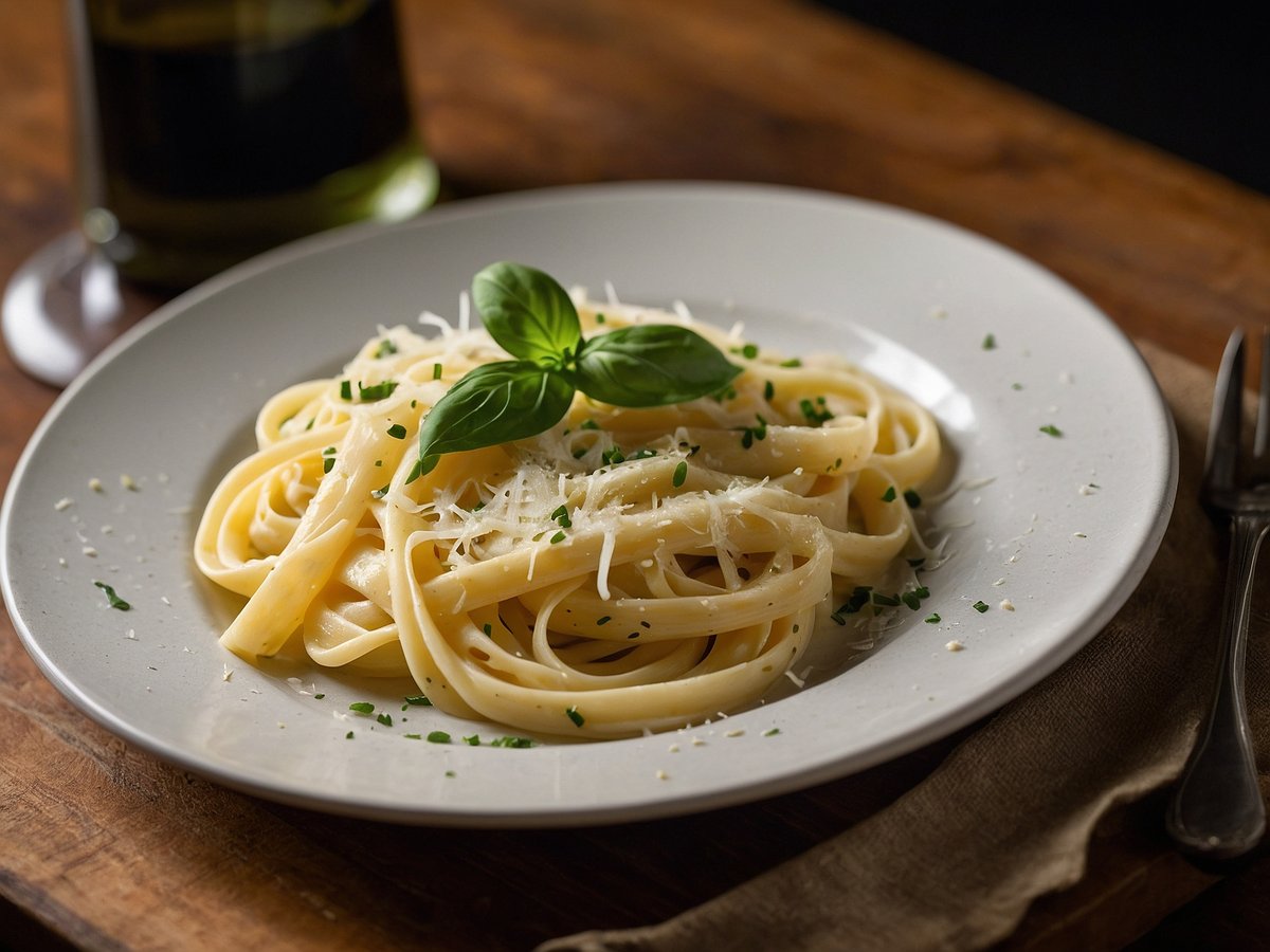 Ein Teller Pasta Alfredo ist dekorativ angerichtet und zeigt eine Portion cremige Fettuccine mit geriebenem Parmesan. Frische Basilikumblätter und gehackte Kräuter verleihen dem Gericht eine saftige grüne Note. Der Teller steht auf einem rustikalen Holztisch, im Hintergrund ist ein Glas mit dunklem Olivenöl sichtbar.