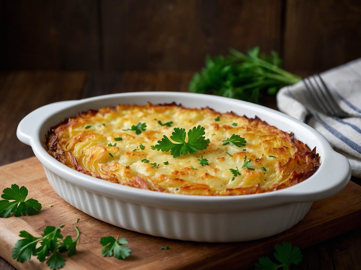 Ein köstliches Kartoffelgratin in einer weißen Auflaufform, golden-braun und mit einer knusprigen Oberfläche. Darauf befinden sich einige frische grüne Kräuter, die das Gericht garnieren. Das Gratin steht auf einem Holzbrett, während im Hintergrund ein frischer Kräuterstrauß und ein gestreifter Küchenhandtuch zu sehen sind.