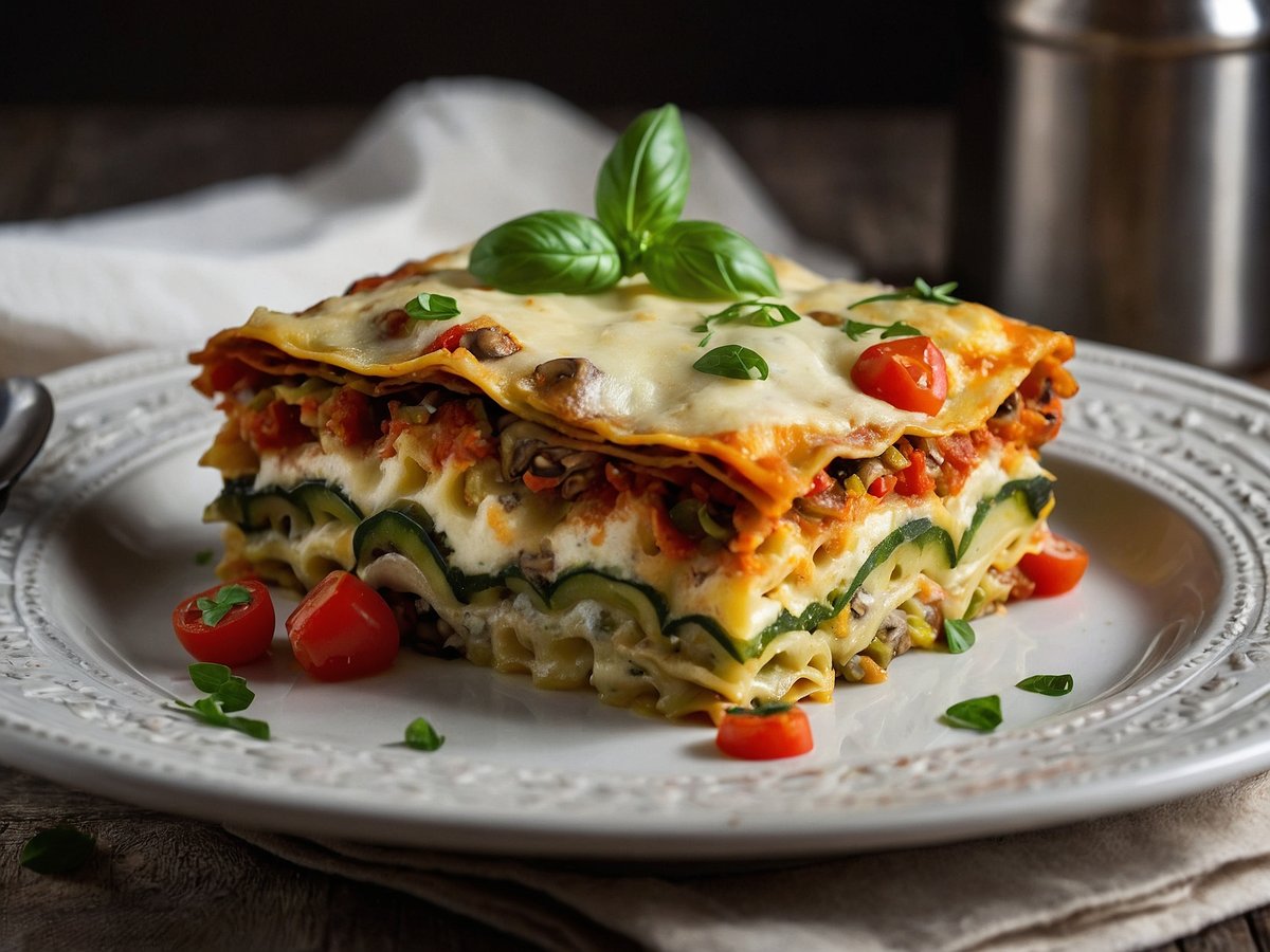 Eine appetitliche Gemüse-Lasagne ist auf einem weißen Teller angerichtet. Die Lasagne ist in mehreren Schichten sichtbar, mit einer Mischung aus Zucchini, Tomaten und einer cremigen Käsesoße. Einige Kirschtomaten und frische Basilikumblätter dekorieren die Oberseite. Der Teller liegt auf einer Holztischoberfläche, umgeben von einer weißen Serviette. Die gesamte Präsentation vermittelt einen einladenden und köstlichen Eindruck.