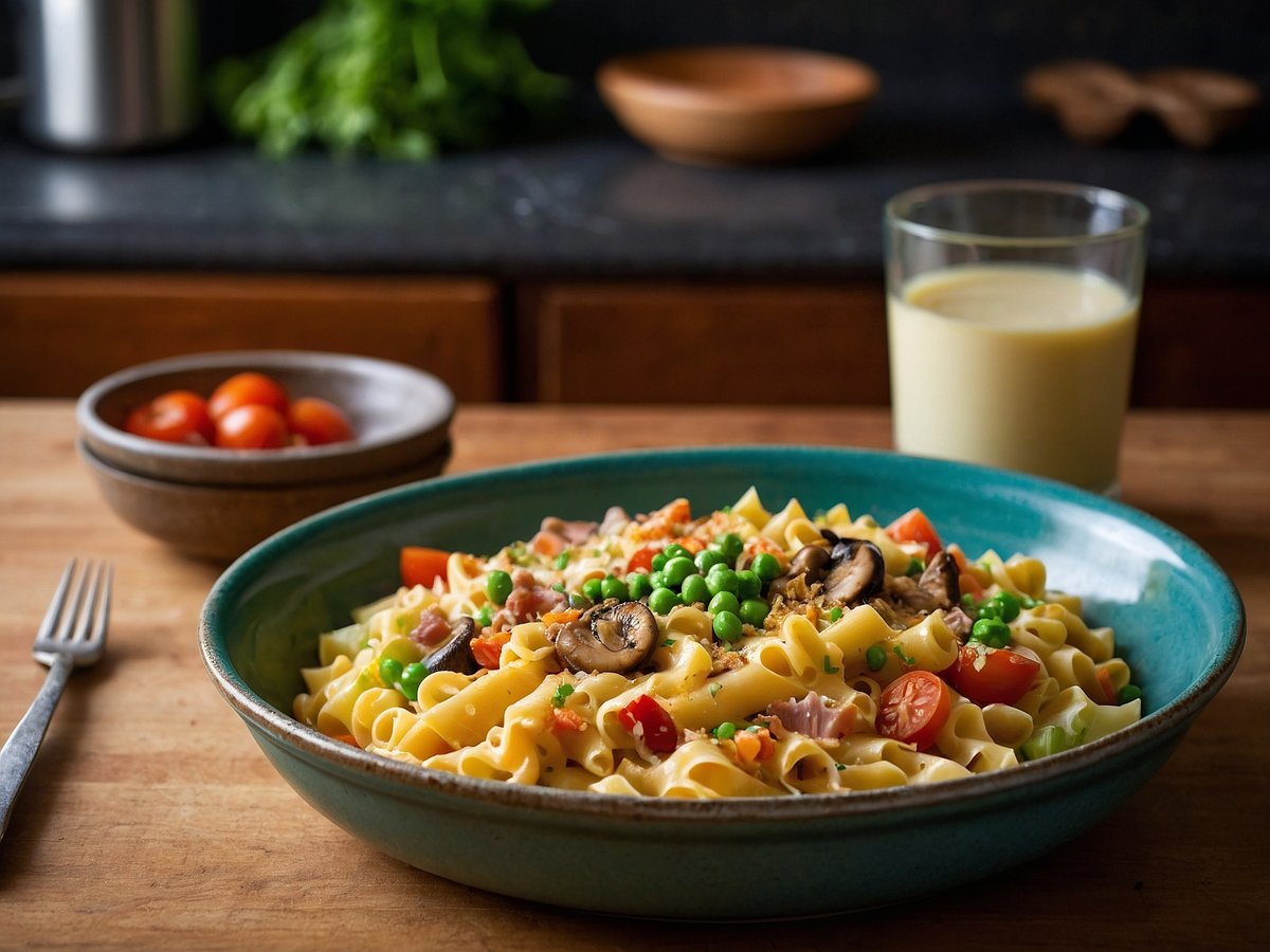 Auf dem Bild ist ein farbenfroher Nudelauflauf in einer blauen Schüssel zu sehen. Die Pasta ist mit Erbsen, Tomatenstücken, Schinken und Pilzen garniert. Neben der Schüssel steht eine Gabel und ein Glas mit einer hellen Flüssigkeit. Im Hintergrund befindet sich eine Schale mit kleinen Tomaten. Der Holzuntergrund verleiht dem Gesamtbild eine gemütliche Atmosphäre.